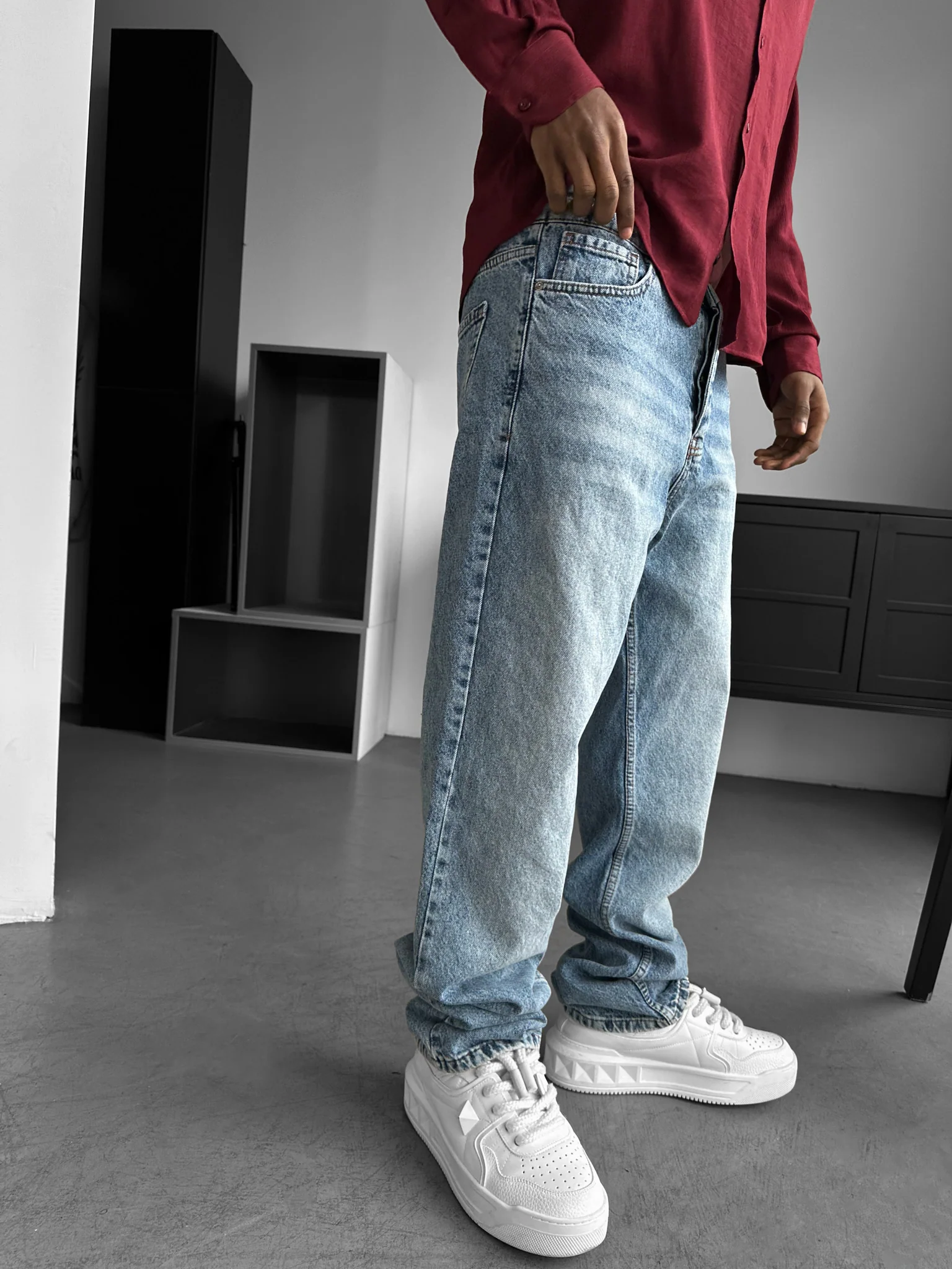 Baggy Fit Washed Jeans - Blue - Image 2