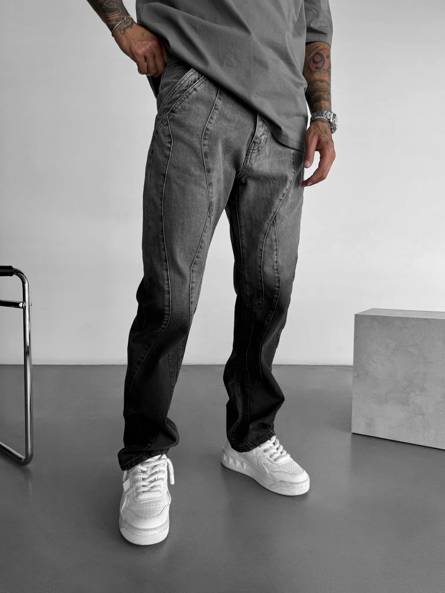 Baggy Half Washed Seam Jeans - Ash Black - Image 3