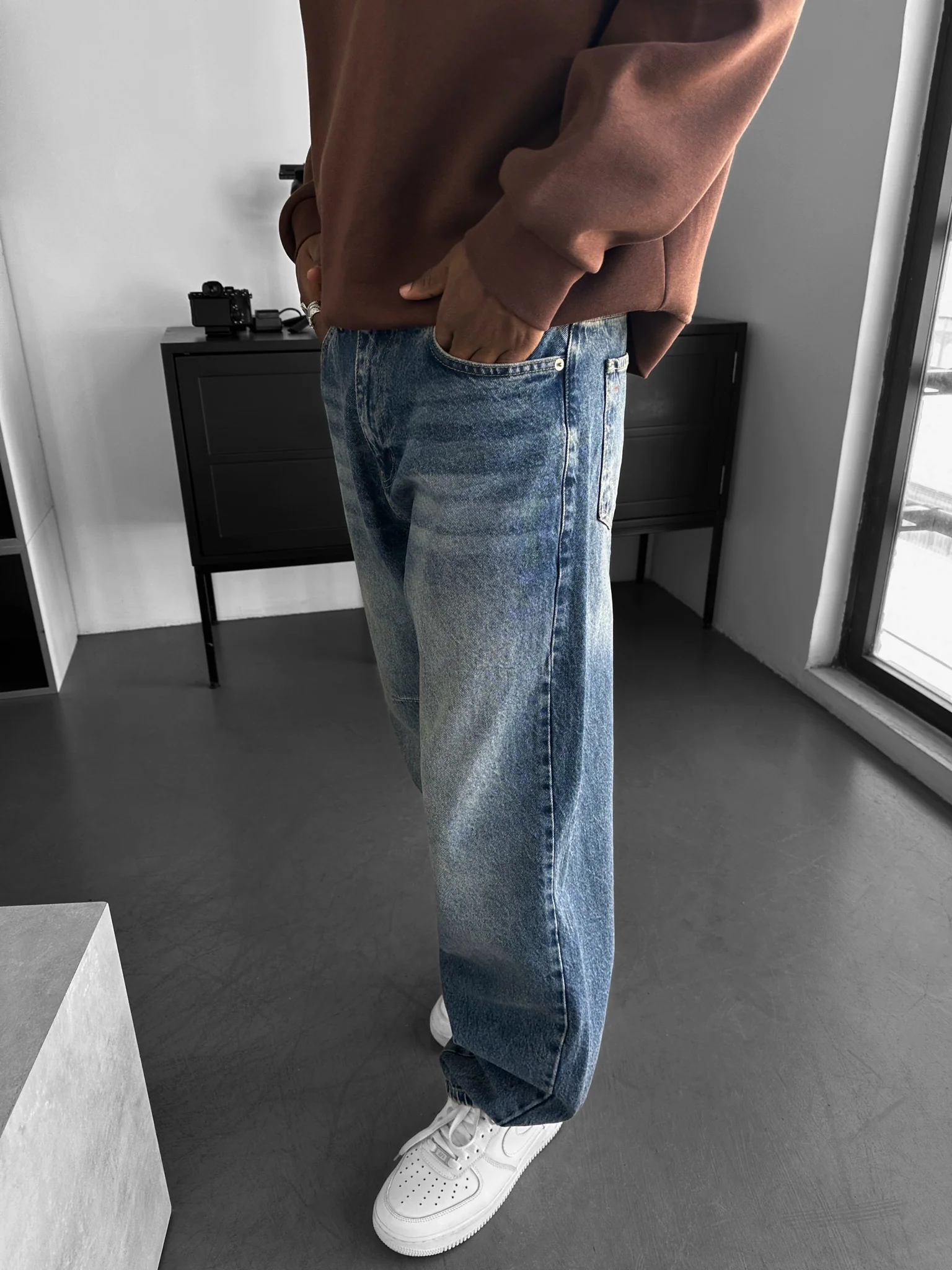 Baggy Stitched Jeans - Dark Blue - Image 2
