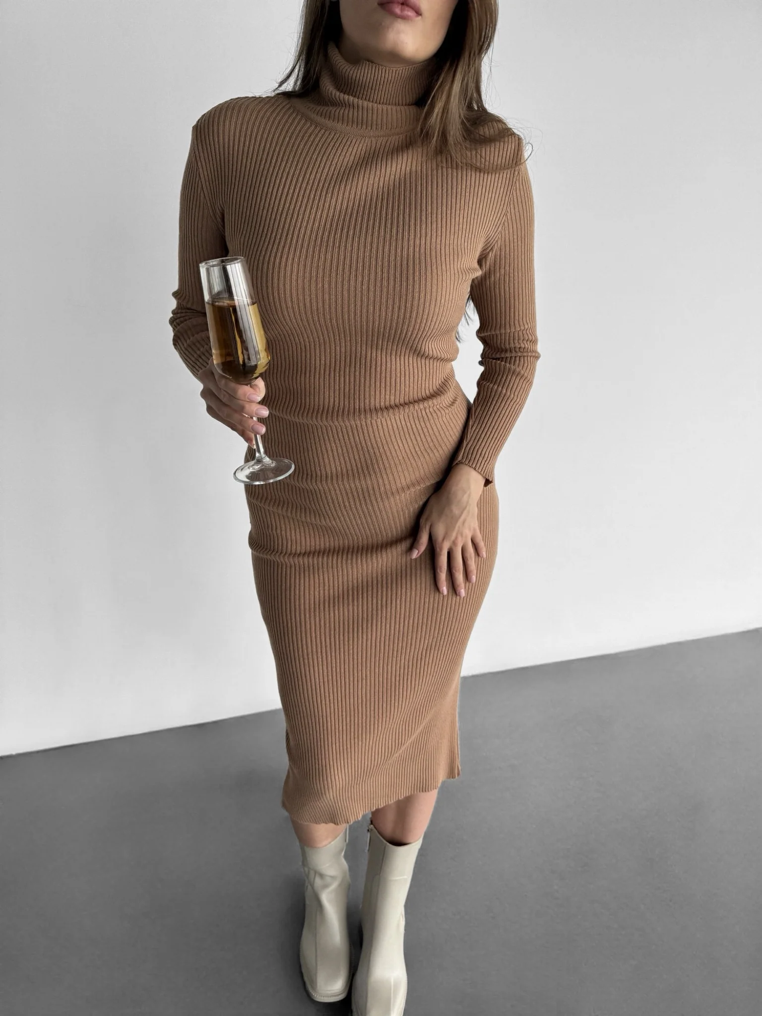 High Neck Knit Dress - Camel - Image 7