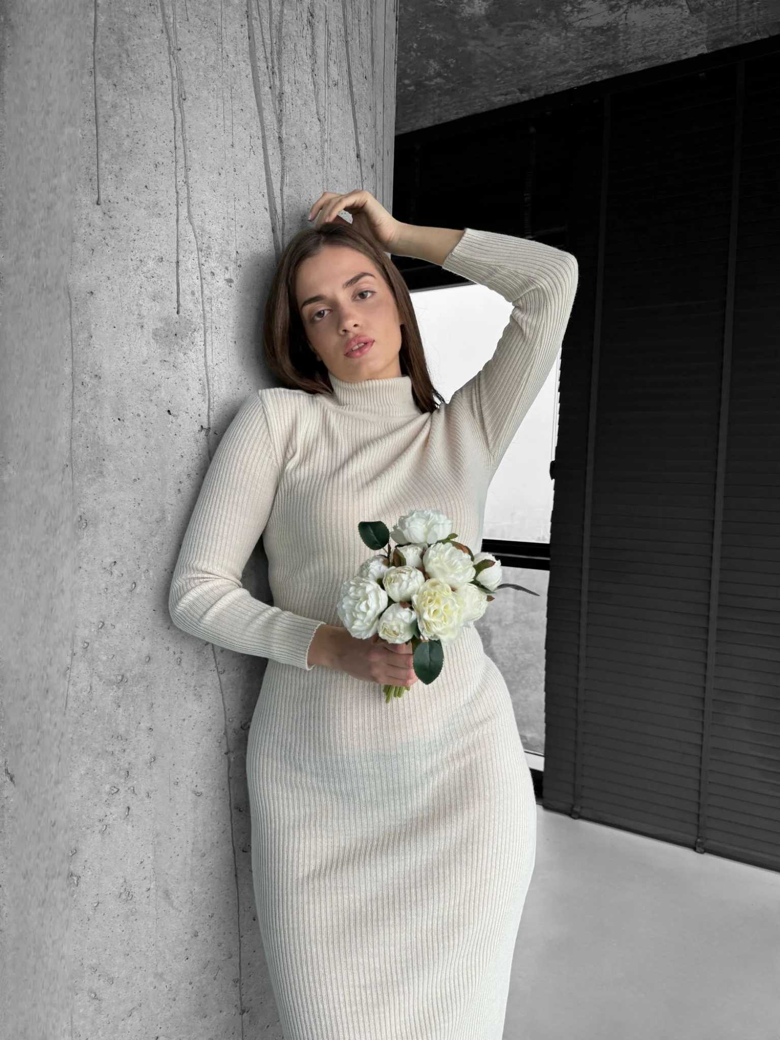 High Neck Knit Dress - Creme - Image 3