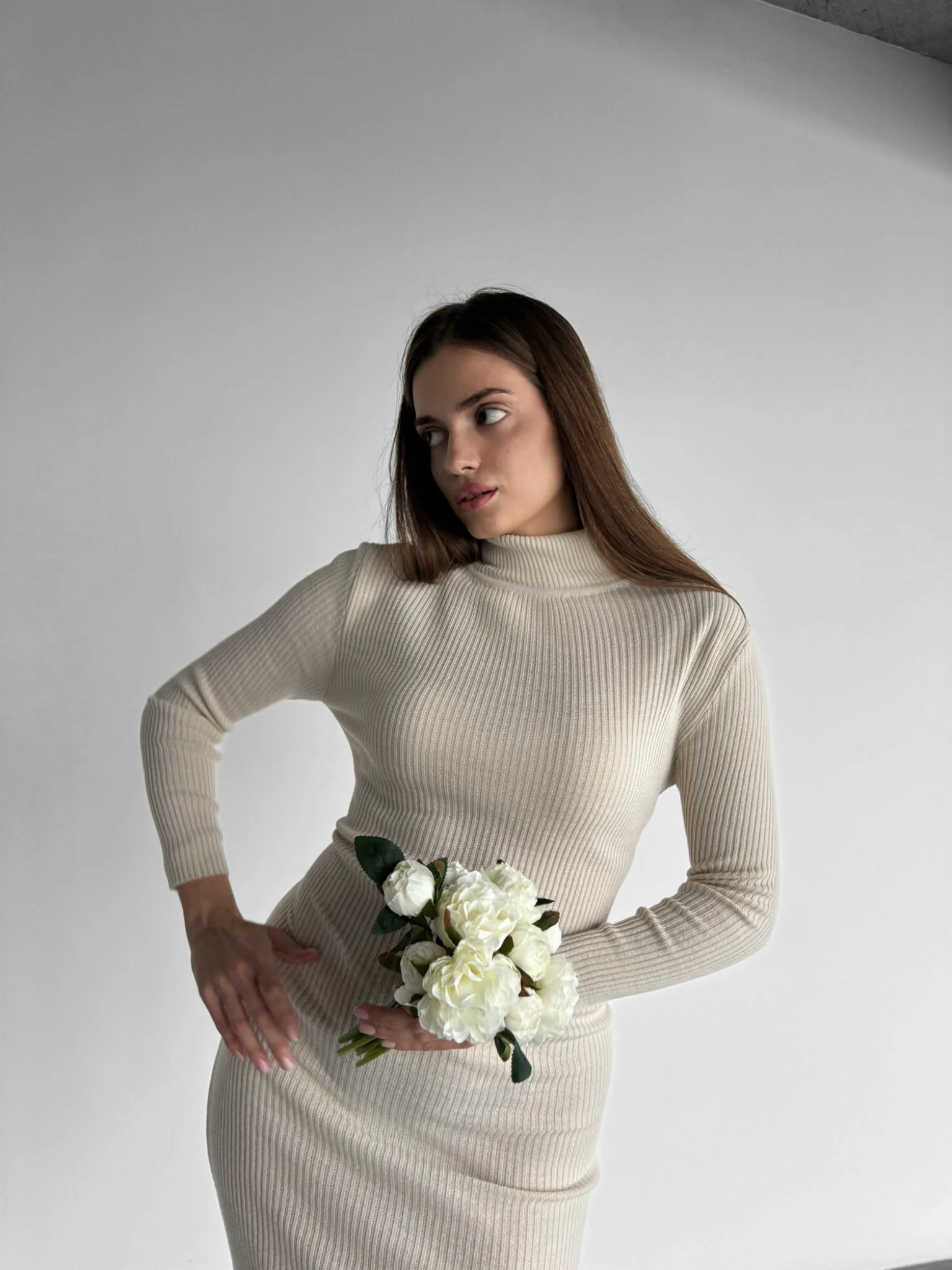 High Neck Knit Dress - Creme - Image 5