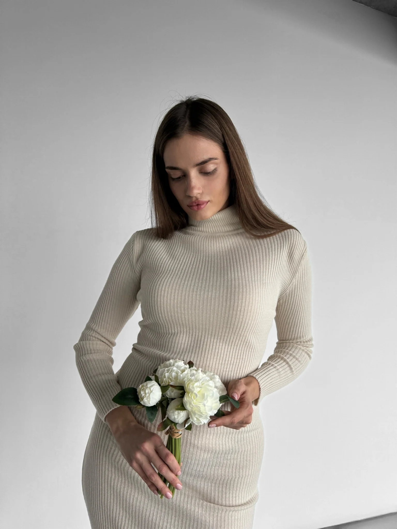 High Neck Knit Dress - Creme - Image 6