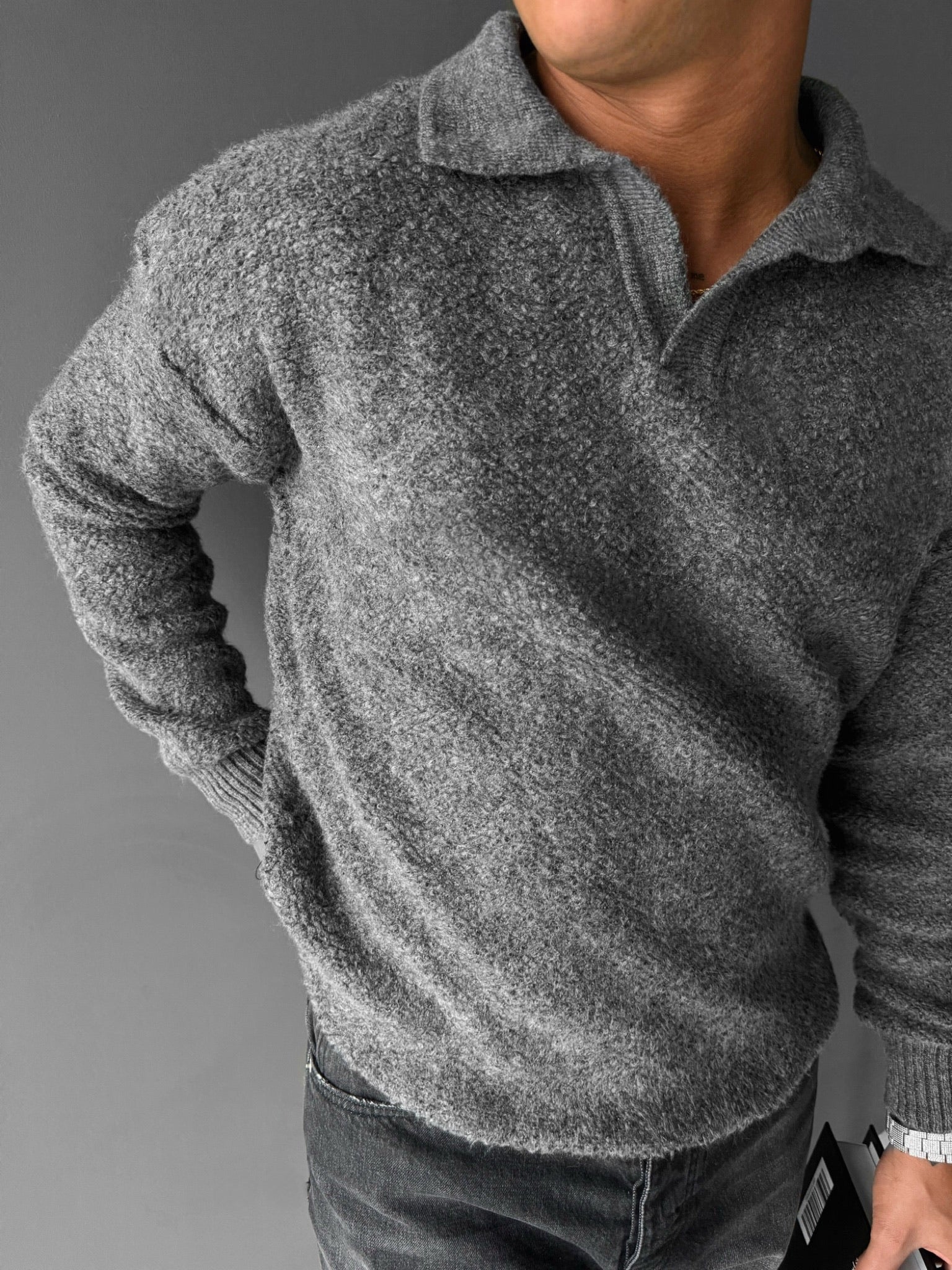 Knit Collar Brushed Pullover - Anthracite - Image 2
