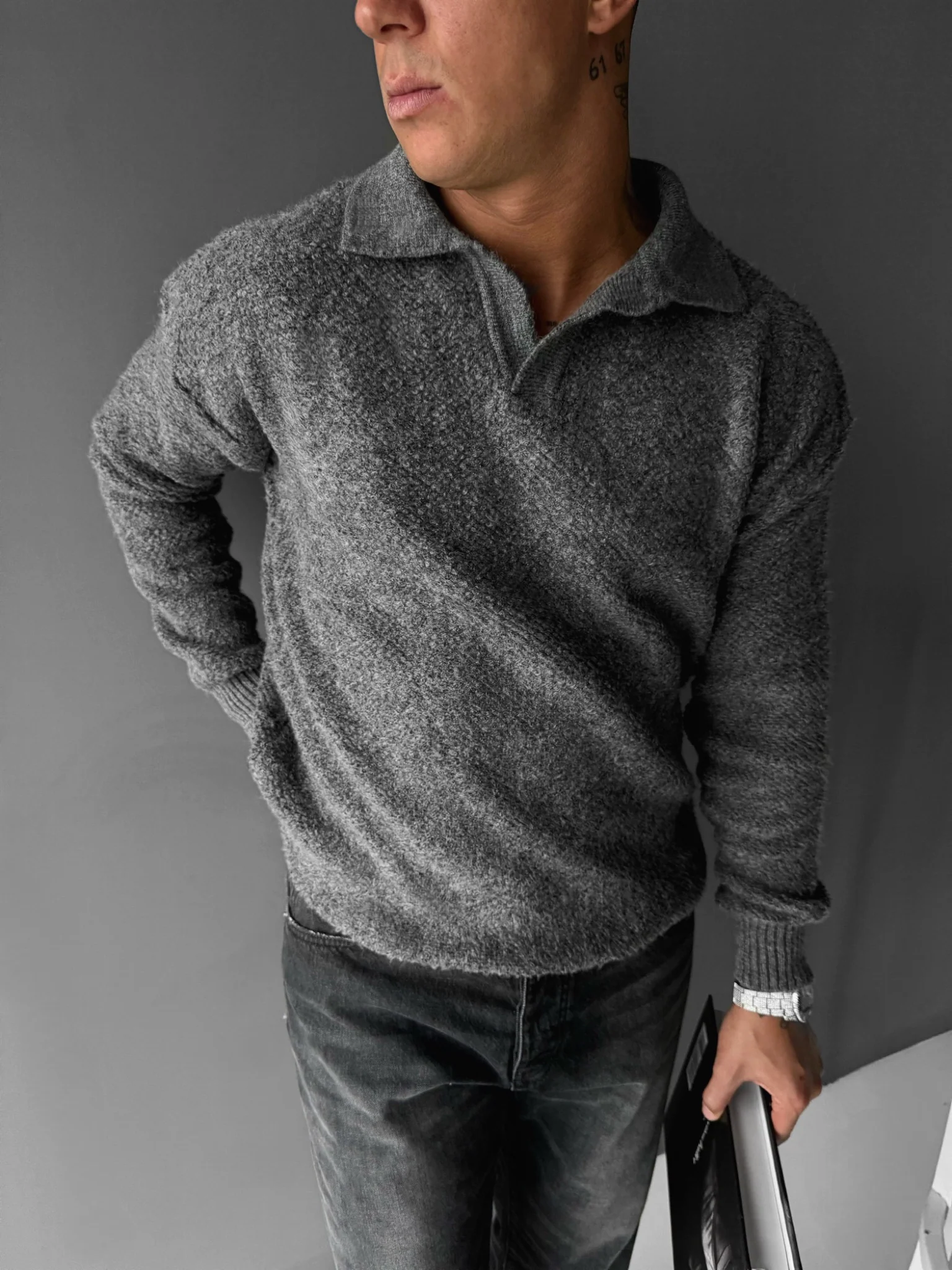 Knit Collar Brushed Pullover - Anthracite - Image 3