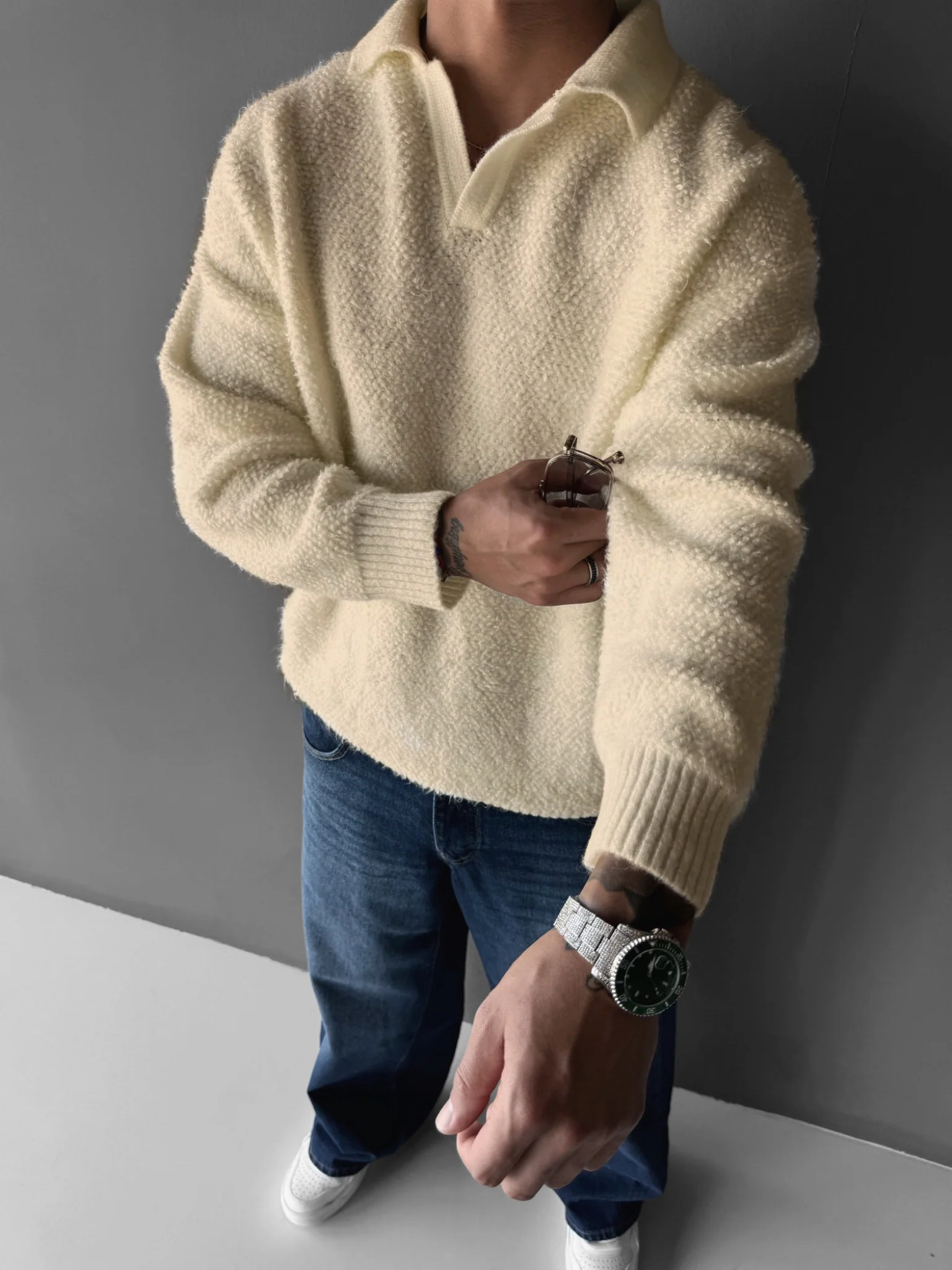 Knit Collar Brushed Pullover - Beige
