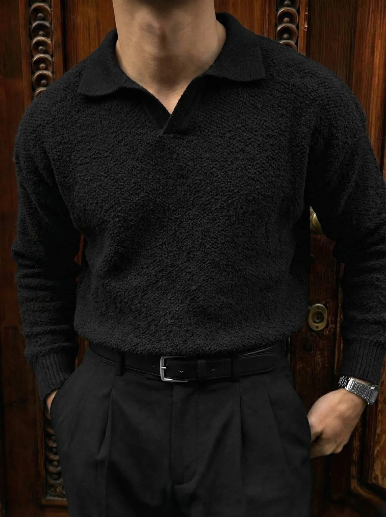 Knit Collar Brushed Pullover - Black