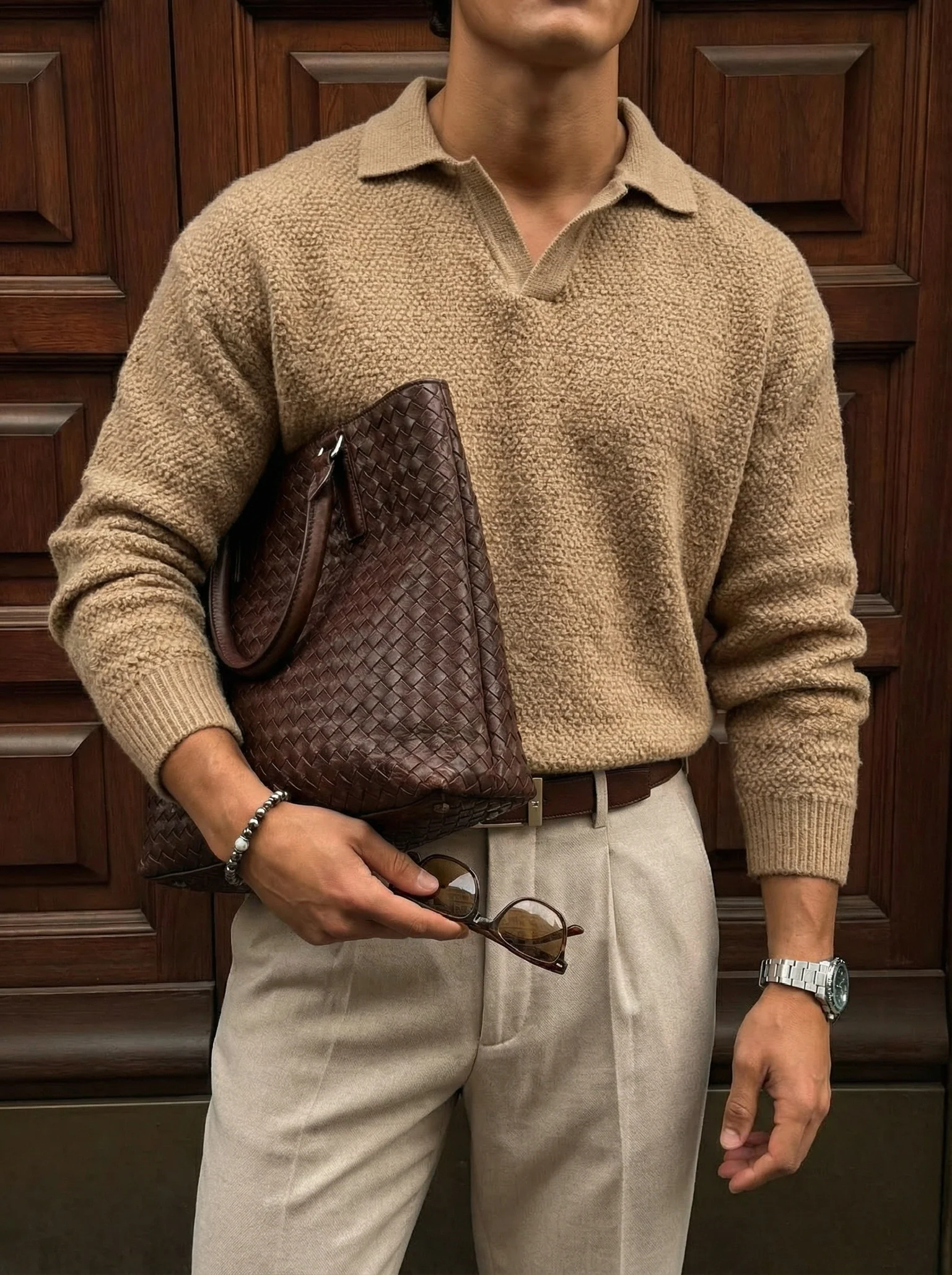 Knit Collar Brushed Pullover - Camel