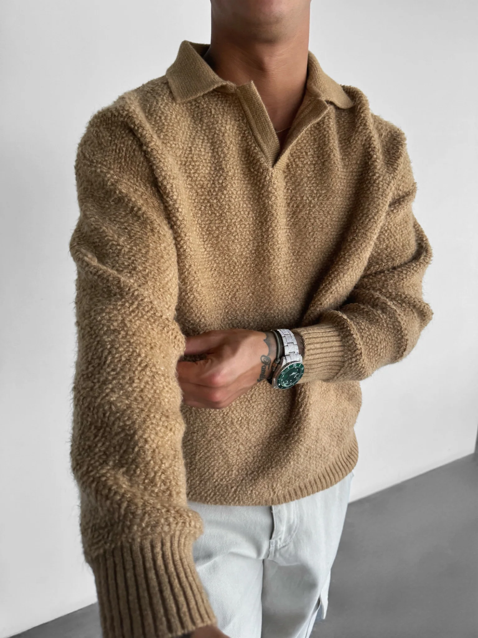 Knit Collar Brushed Pullover - Camel - Image 2