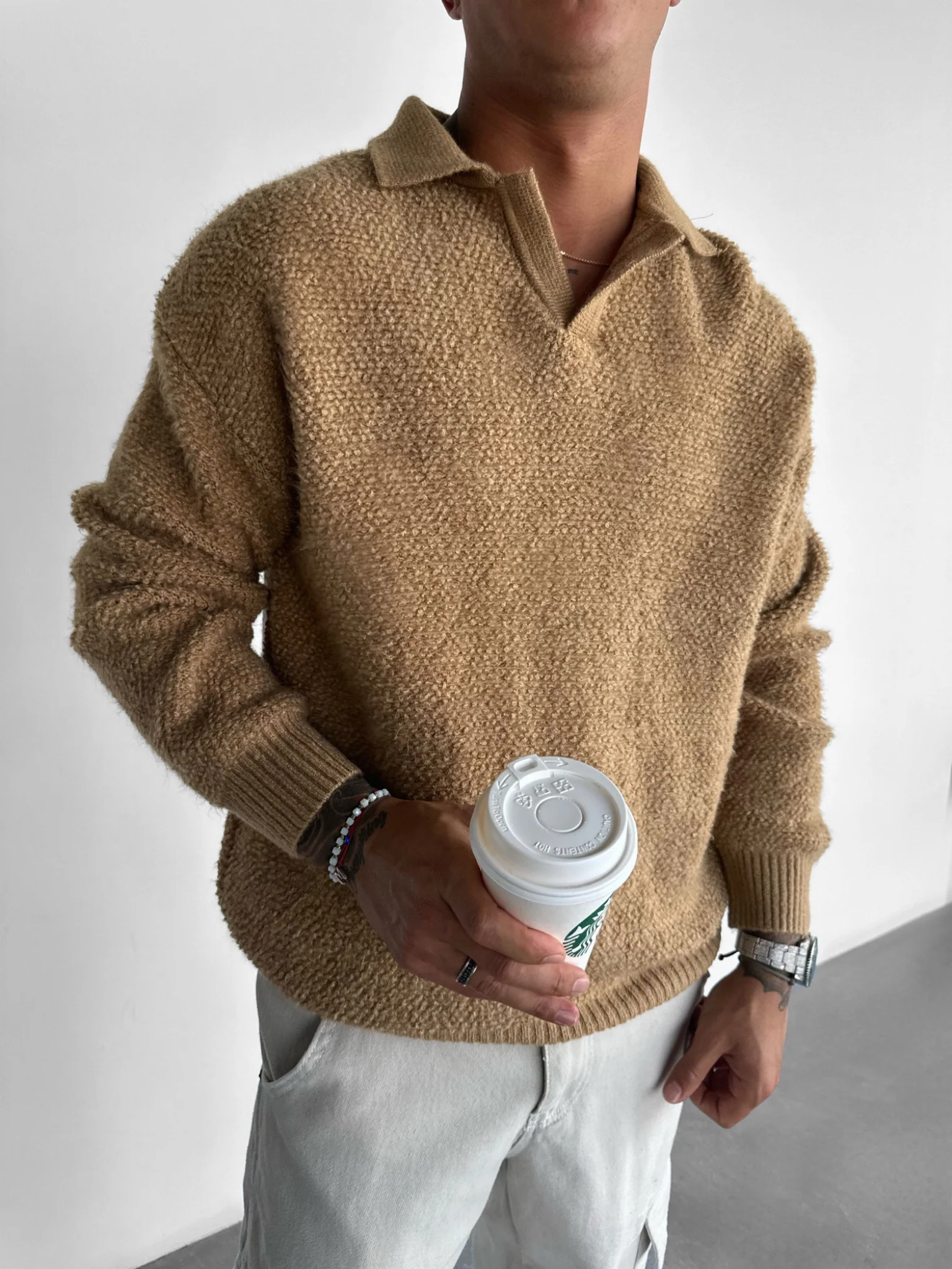 Knit Collar Brushed Pullover - Camel - Image 3