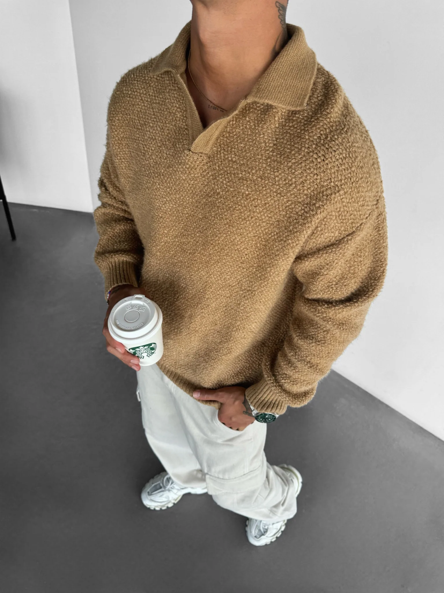 Knit Collar Brushed Pullover - Camel - Image 4