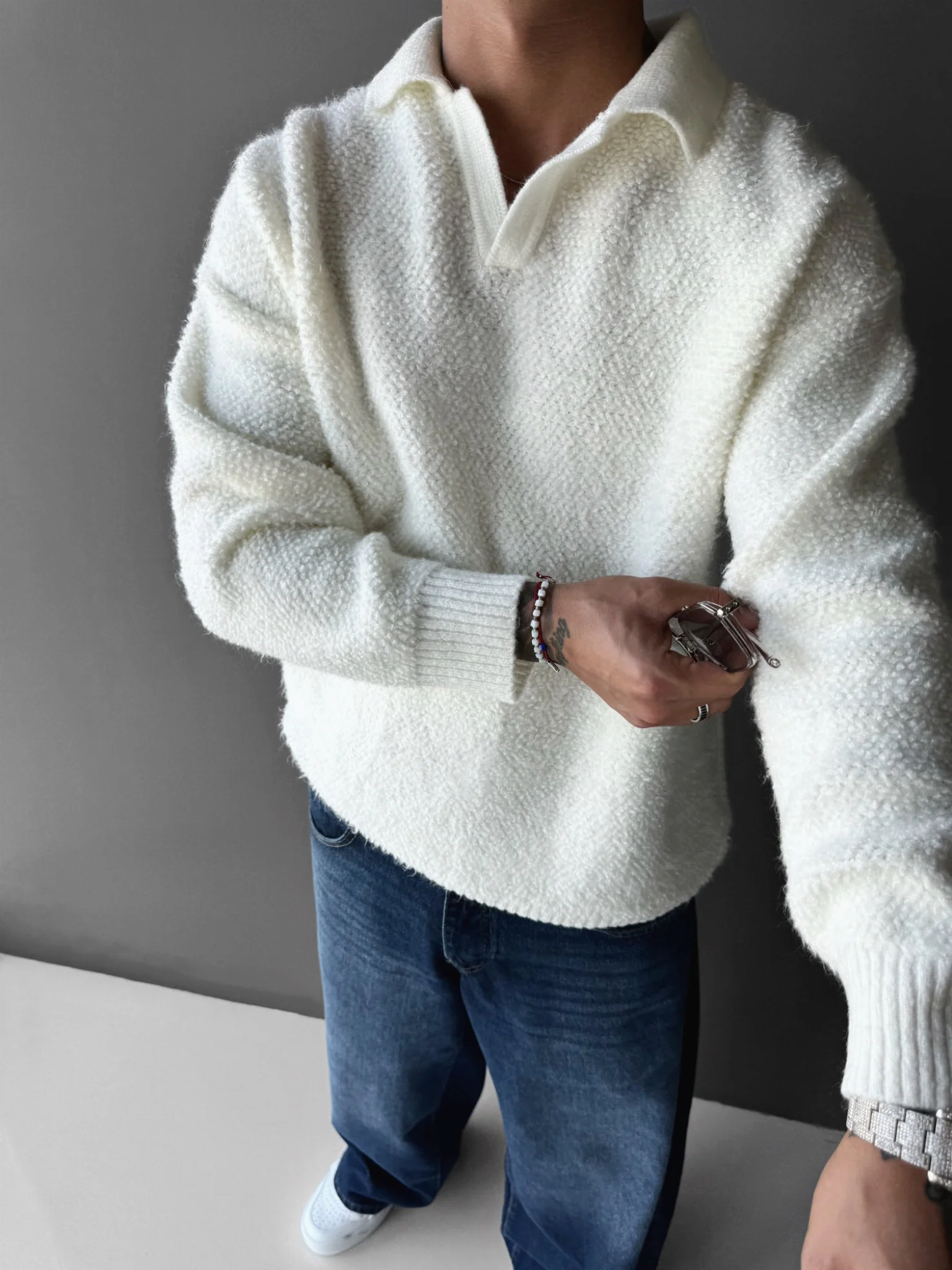 Knit Collar Brushed Pullover - Ecru - Image 2