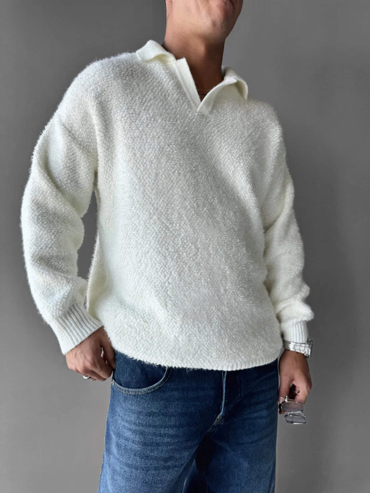 Knit Collar Brushed Pullover - Ecru - Image 3