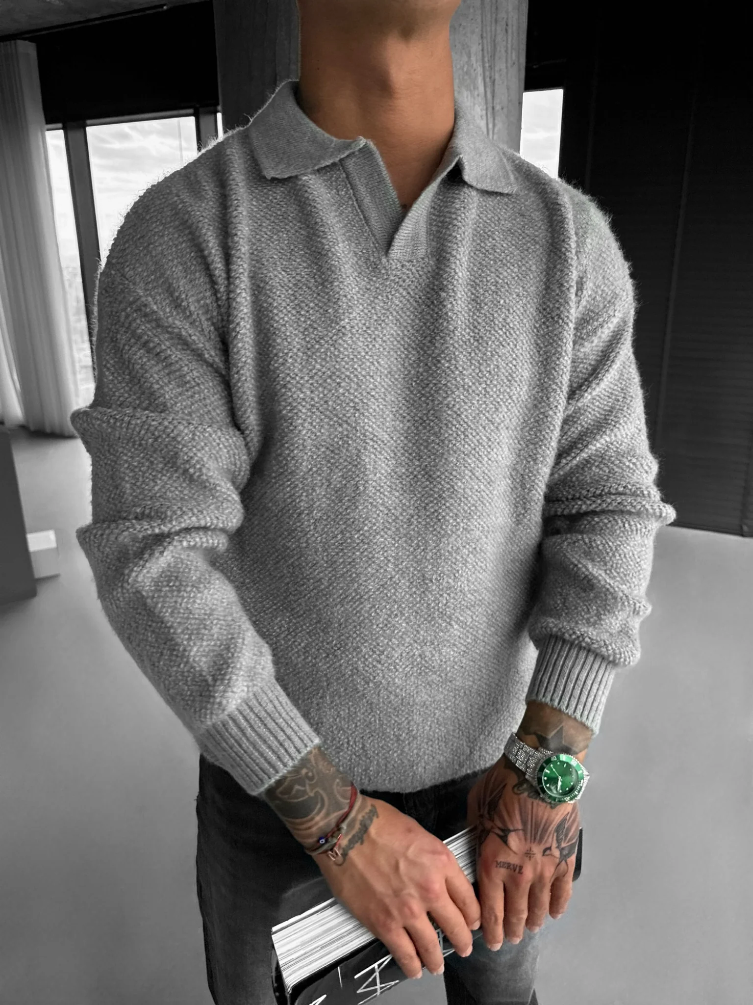 Knit Collar Brushed Pullover - Grey