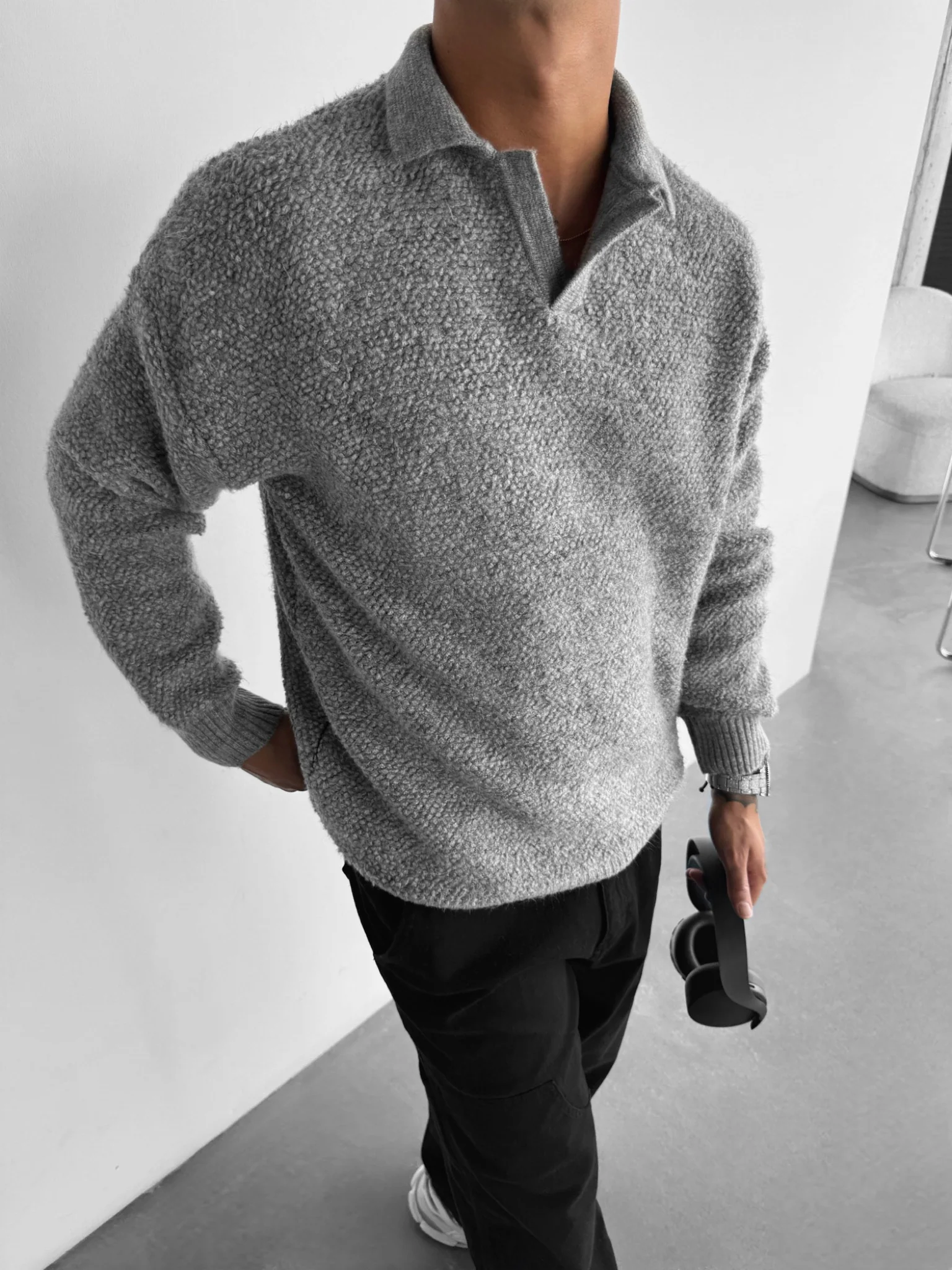 Knit Collar Brushed Pullover - Grey - Image 2