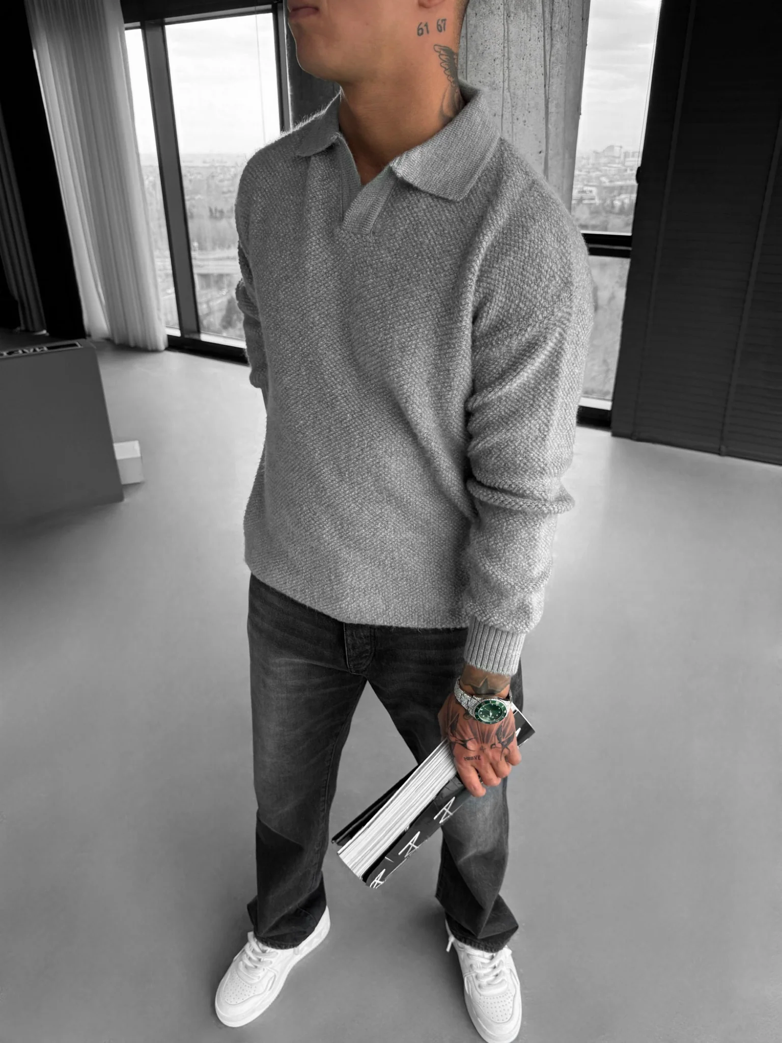 Knit Collar Brushed Pullover - Grey - Image 3