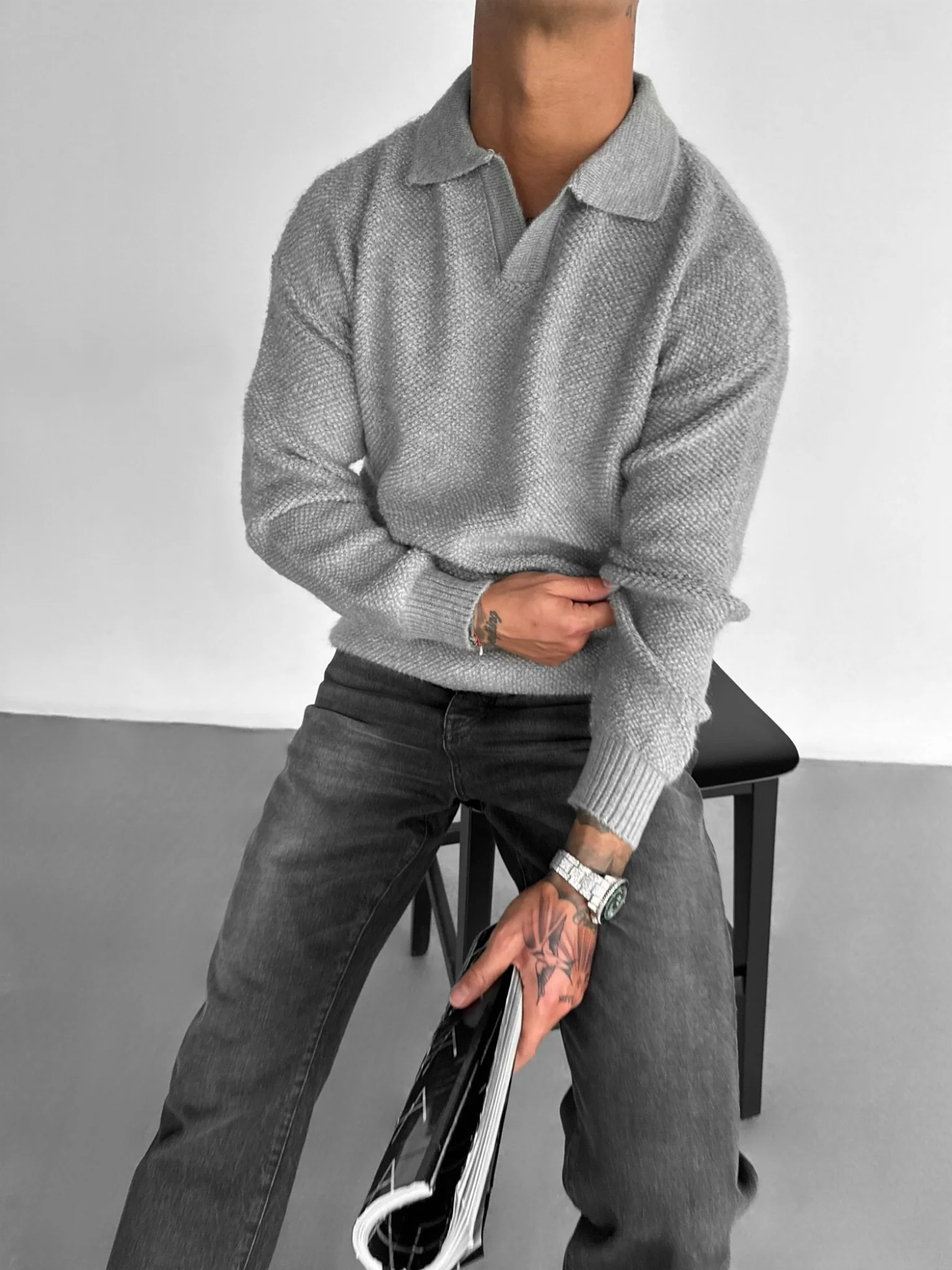 Knit Collar Brushed Pullover - Grey - Image 4