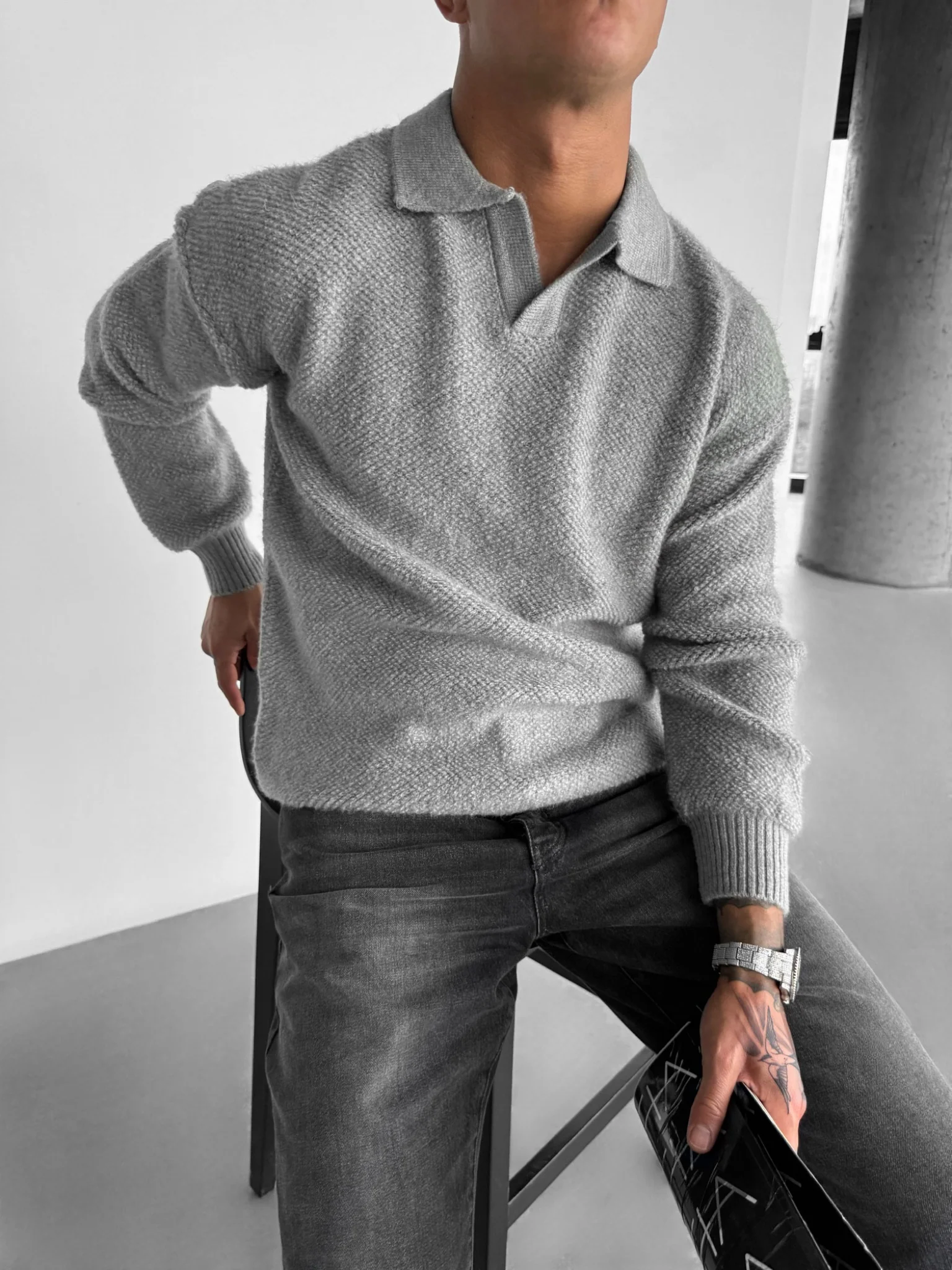 Knit Collar Brushed Pullover - Grey - Image 5