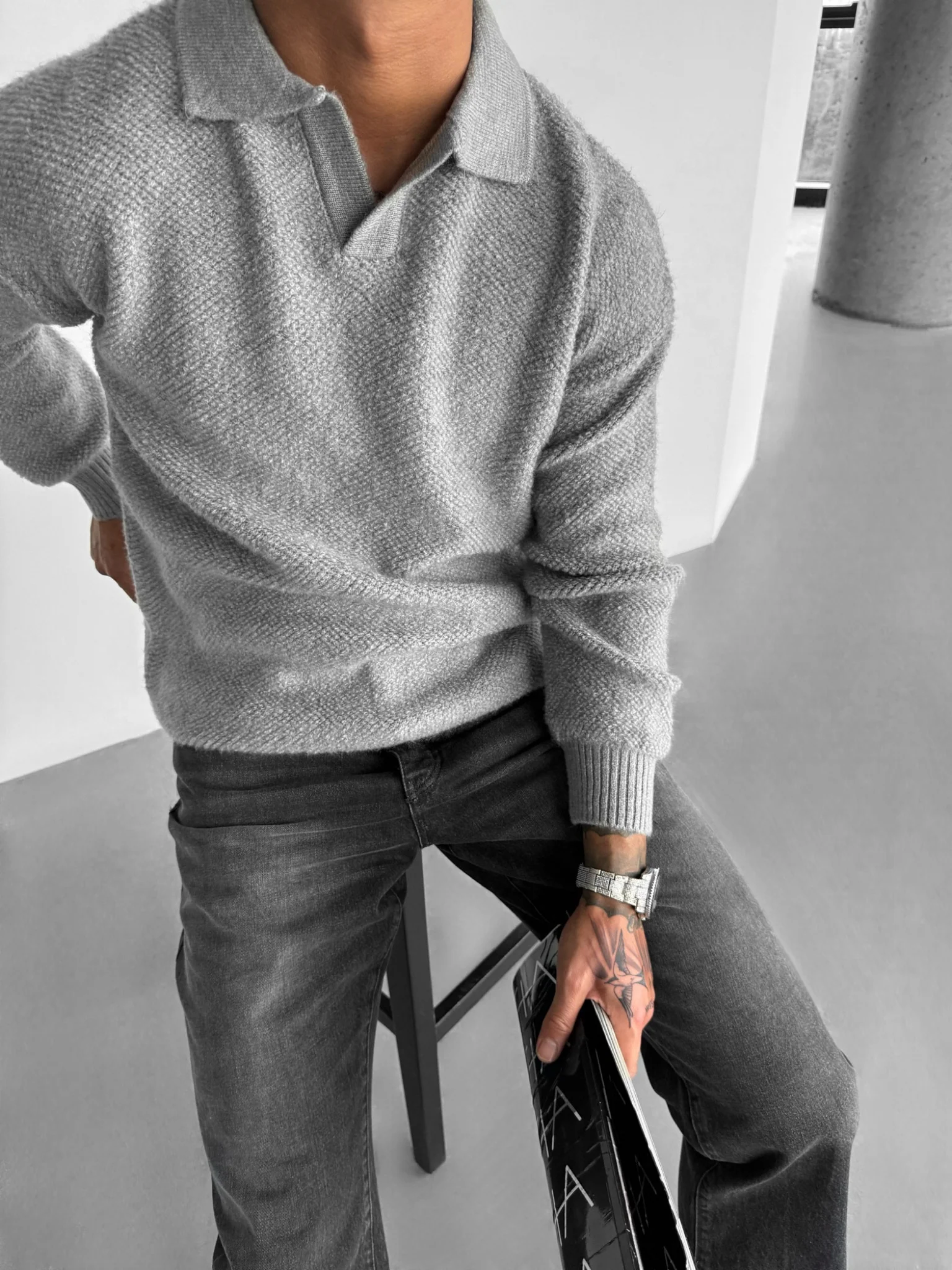Knit Collar Brushed Pullover - Grey - Image 6