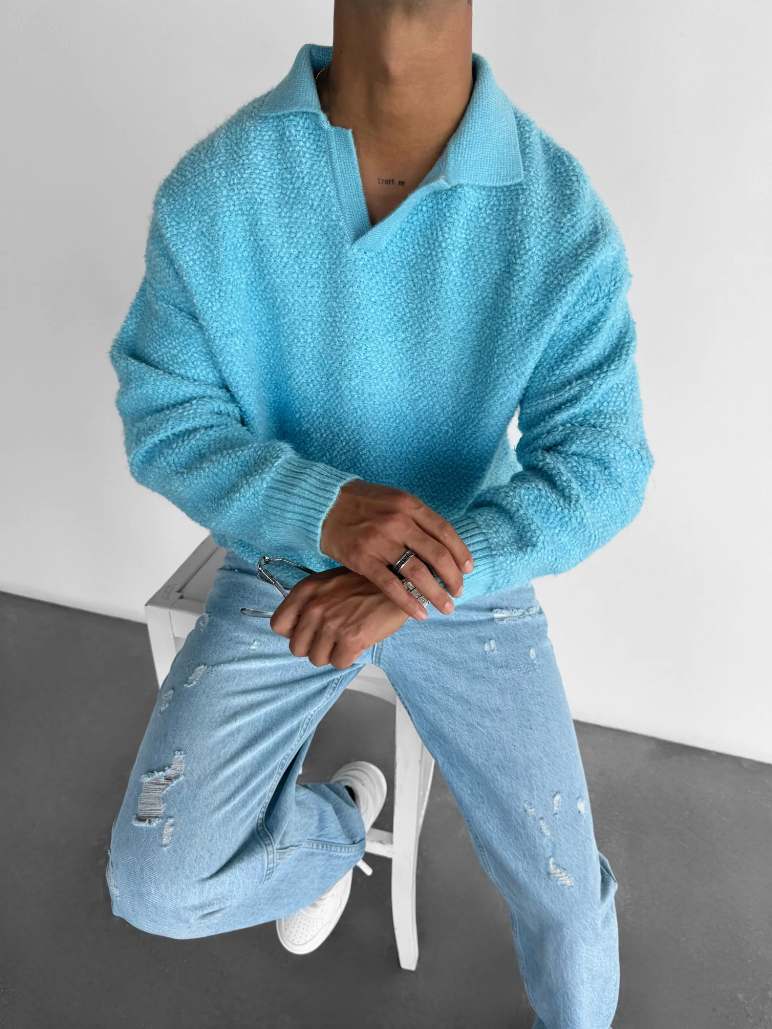 Knit Collar Brushed Pullover - Ice Blue - Image 3