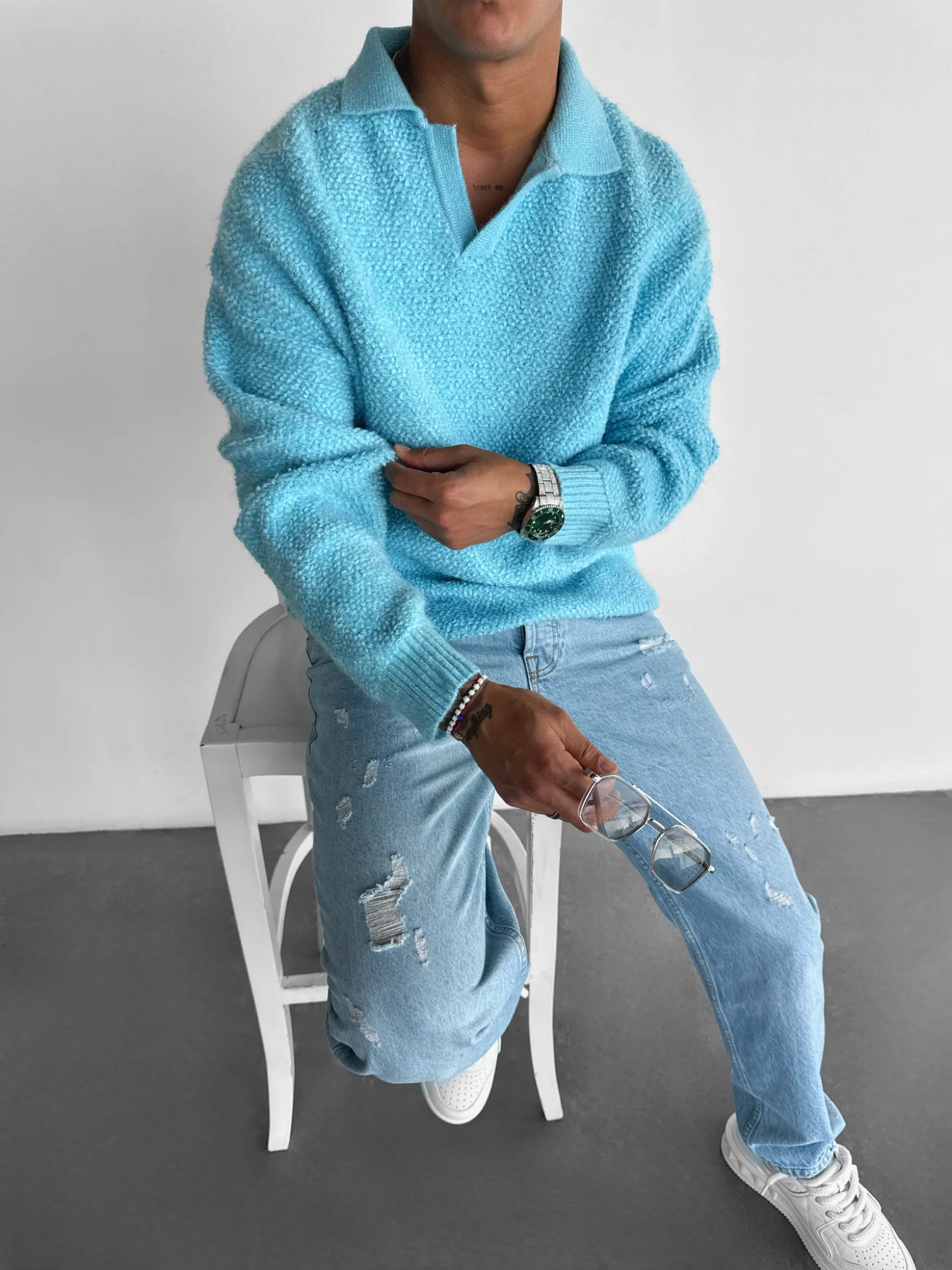 Knit Collar Brushed Pullover - Ice Blue - Image 5