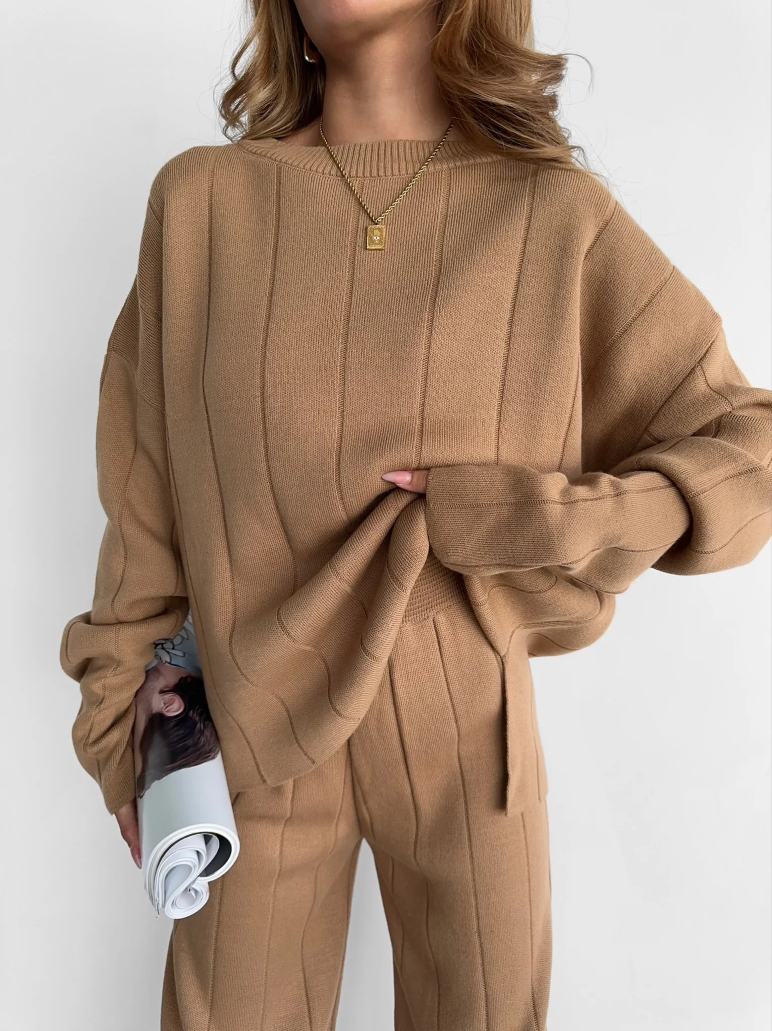 Knit Textured Sweater - Brown - Image 4