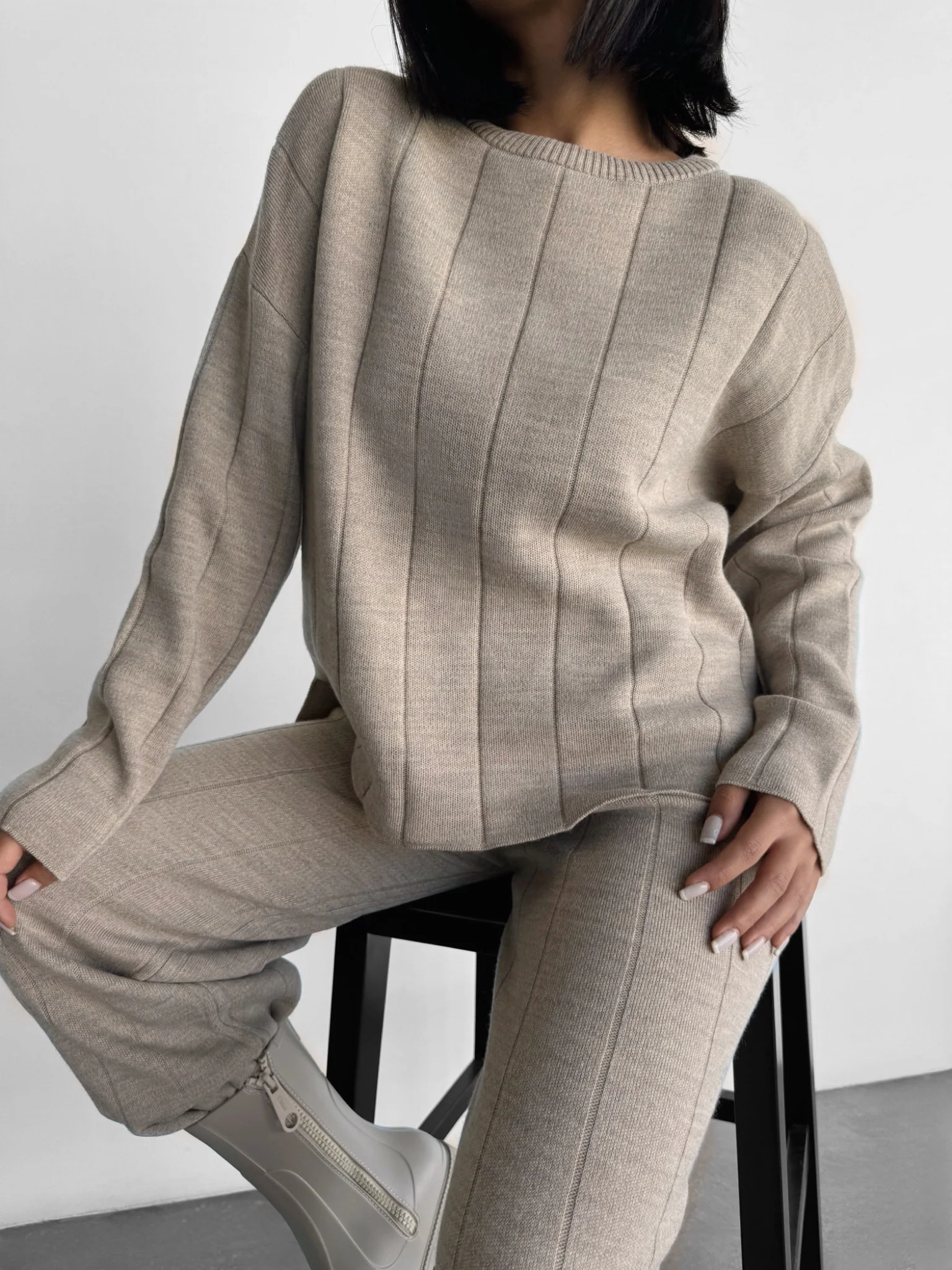 Knit Textured Sweater - Light Grey - Image 3