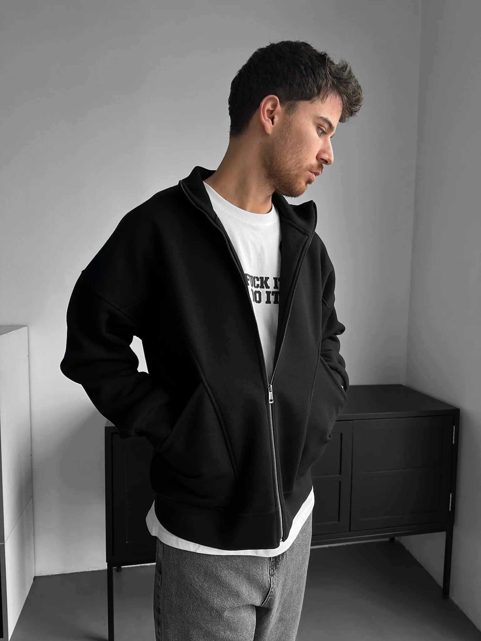 Loose Fit Basic Zipper Jacket - Black - Image 2