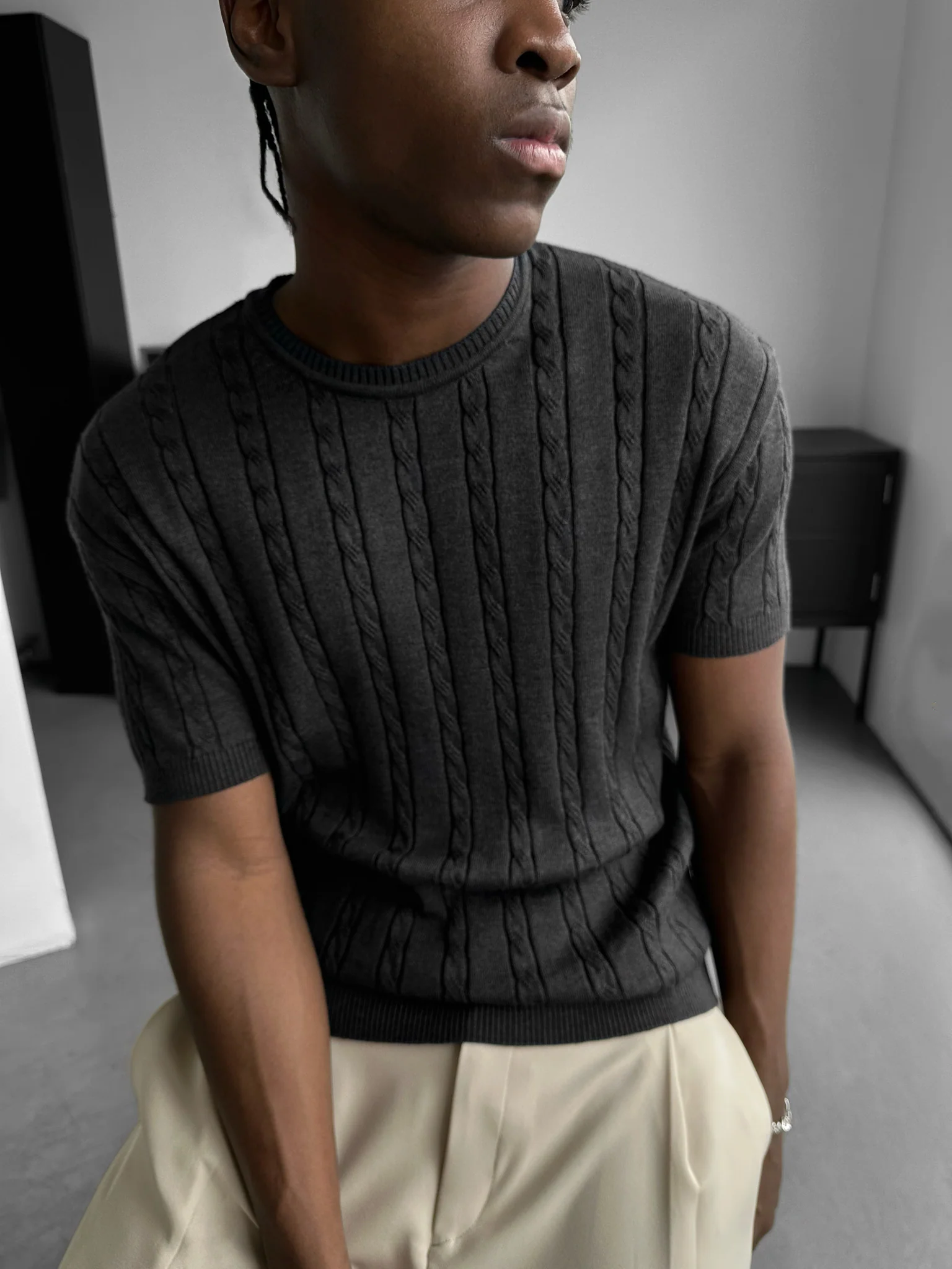 Loose Fit Braid Knit T-Shirt - Anthracite