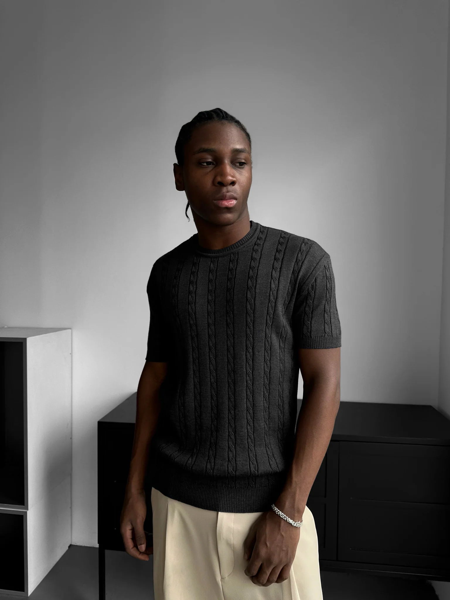 Loose Fit Braid Knit T-Shirt - Anthracite - Image 3