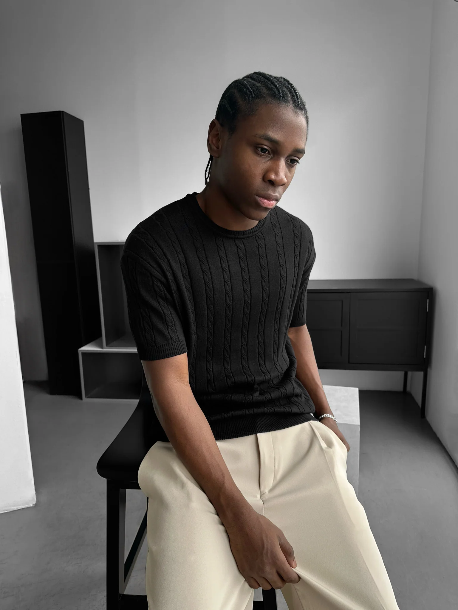 Loose Fit Braid Knit T-Shirt - Black - Image 2