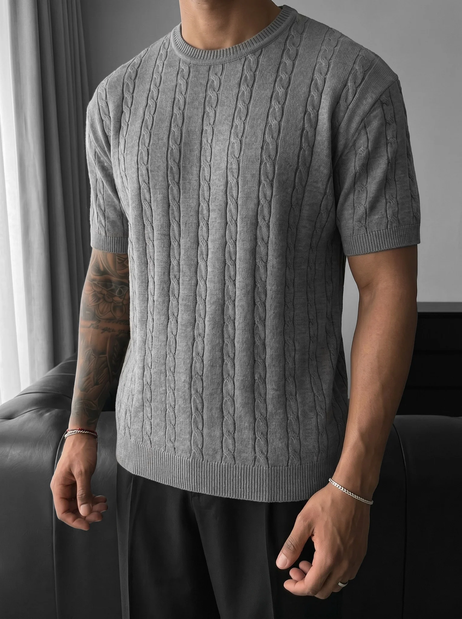Loose Fit Braid Knit T-Shirt - Grey - Image 2