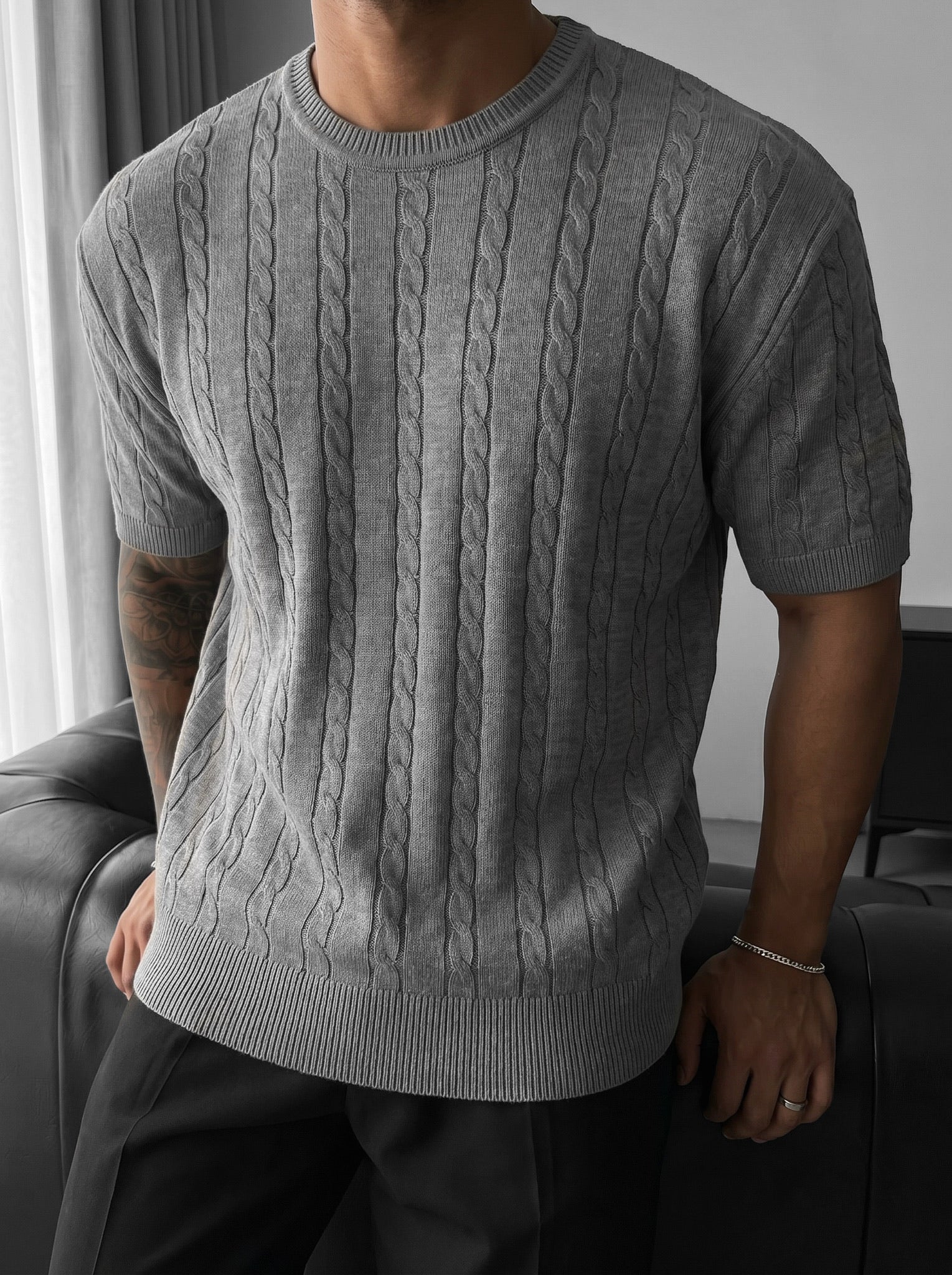 Loose Fit Braid Knit T-Shirt - Grey - Image 3