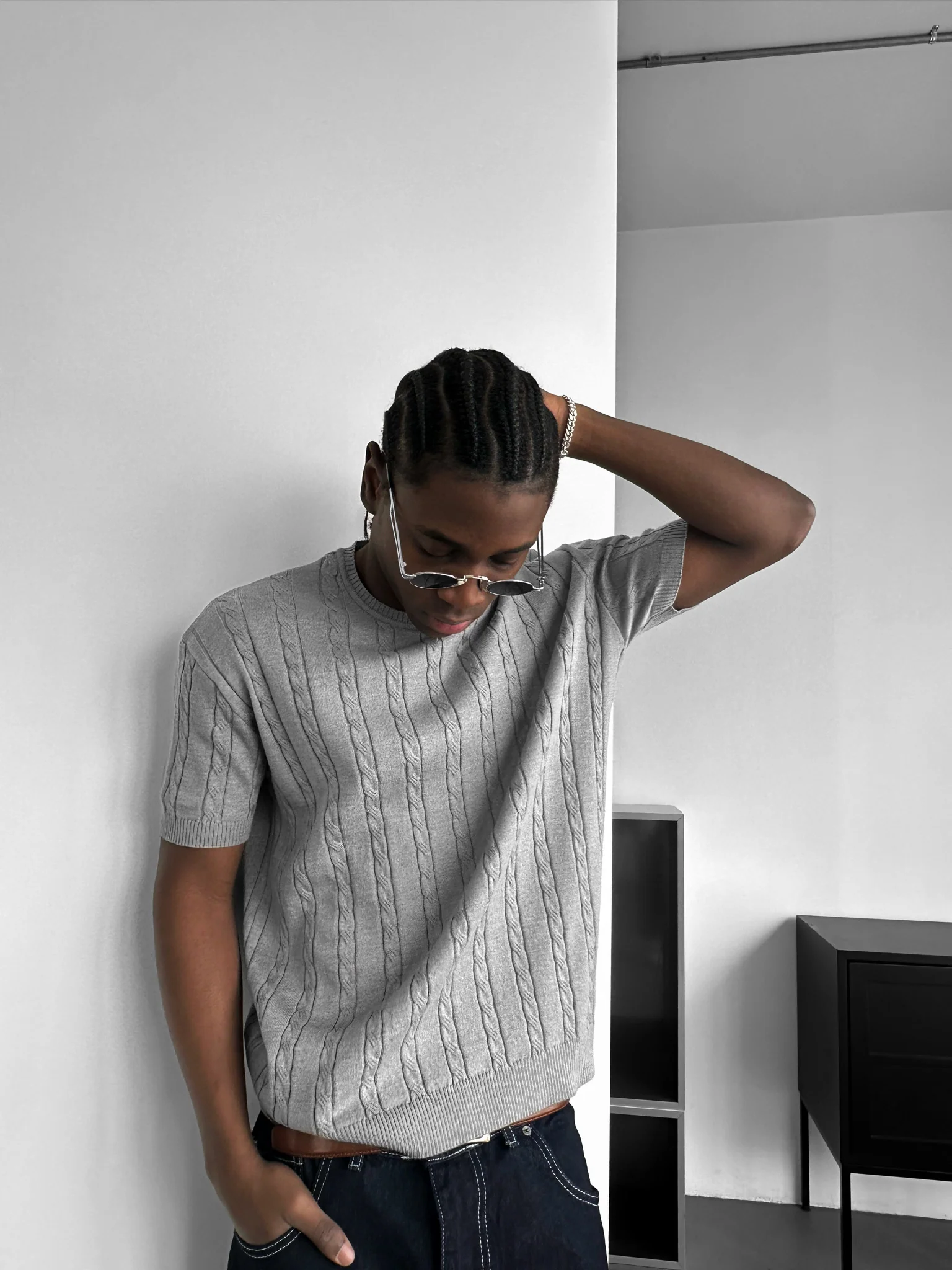 Loose Fit Braid Knit T-Shirt - Grey - Image 5