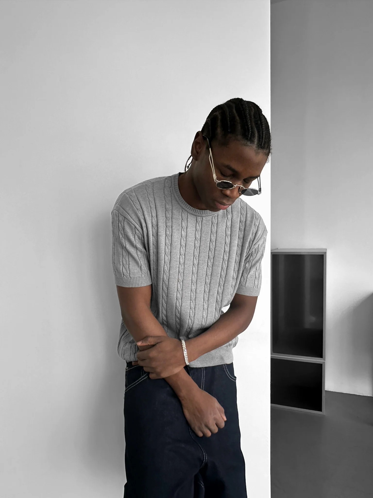 Loose Fit Braid Knit T-Shirt - Grey - Image 6