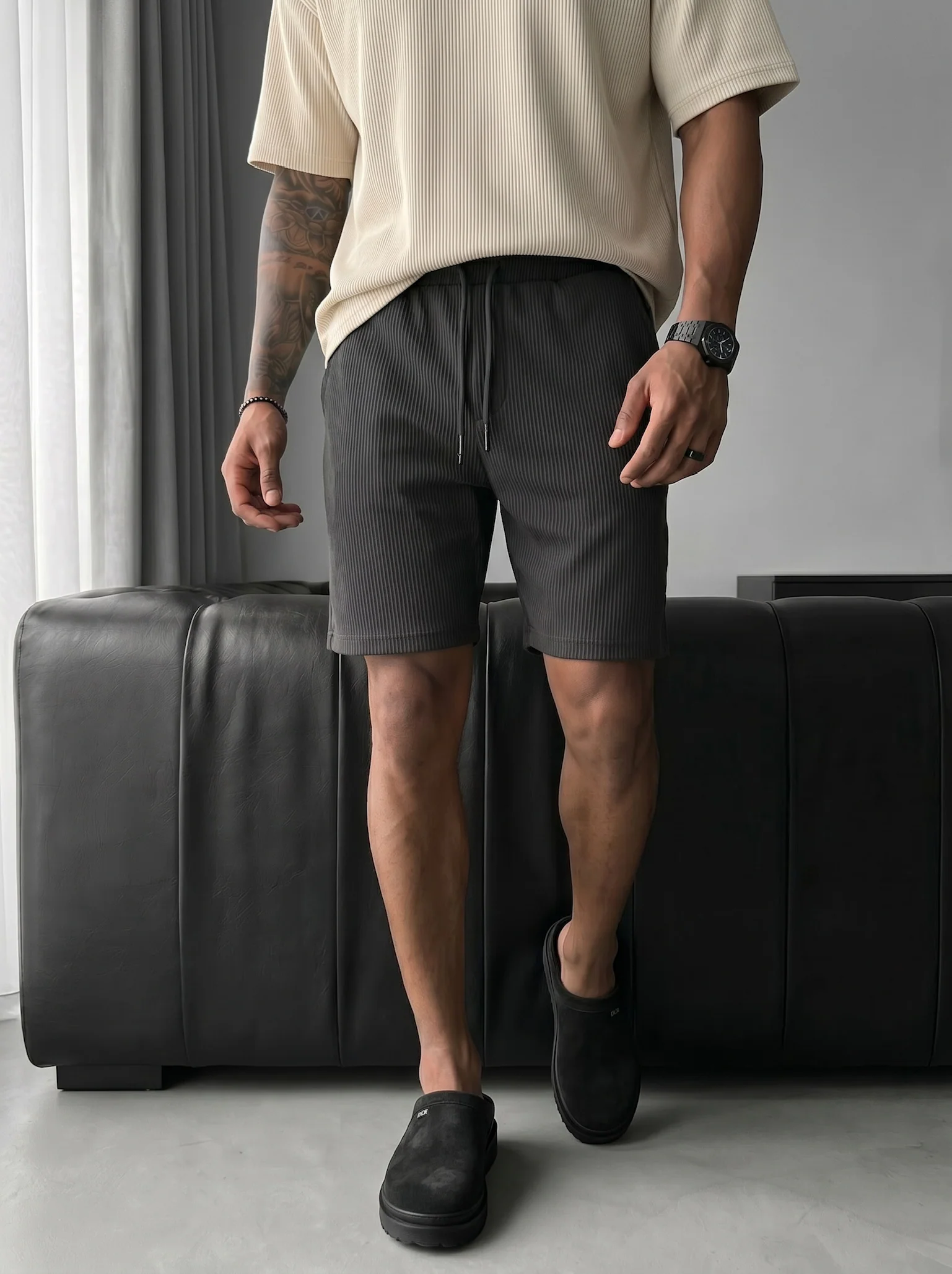 Loose Fit Cord Shorts - Anthracite - Image 3