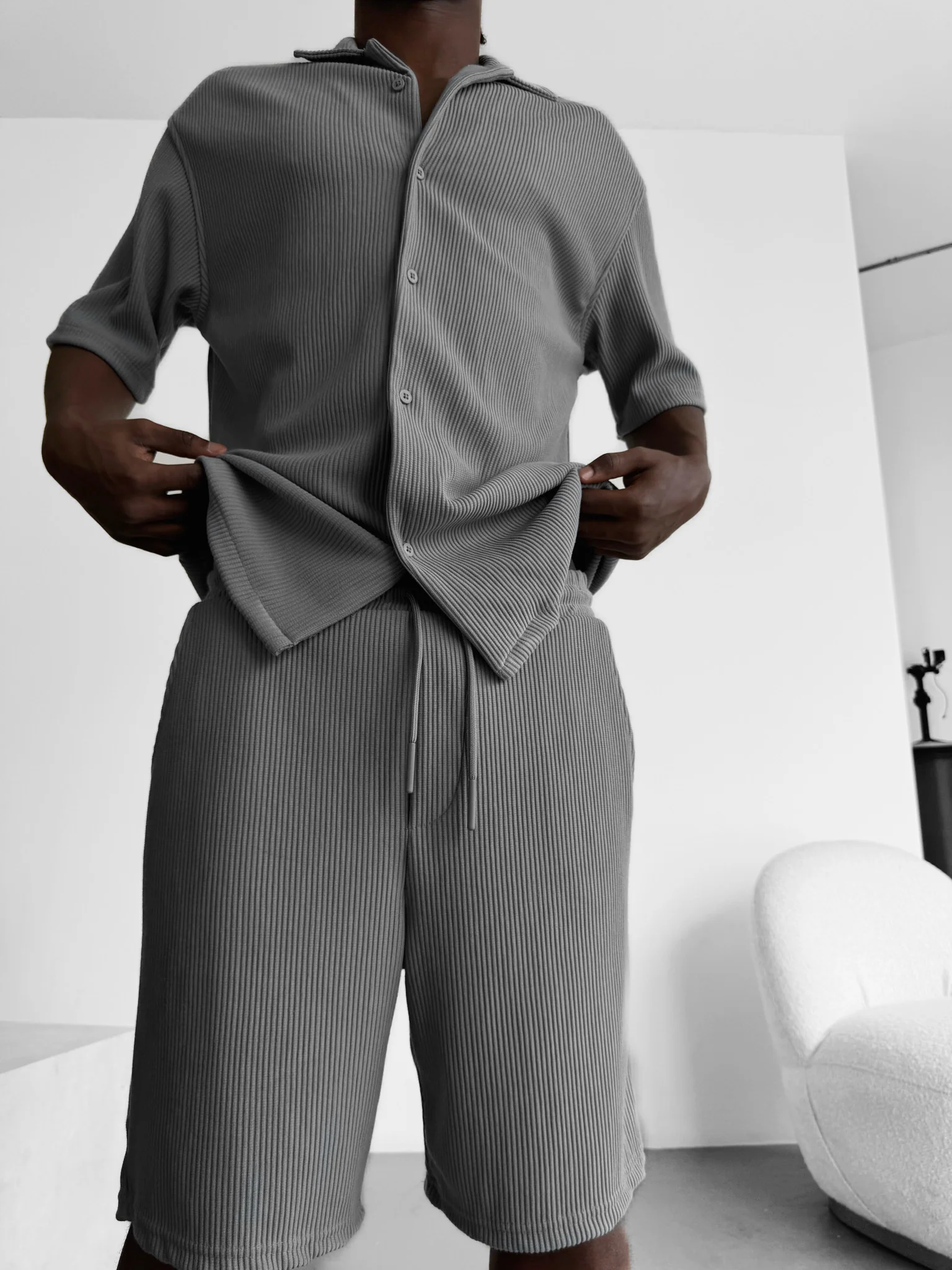 Loose Fit Cord Shorts - Grey - Image 4
