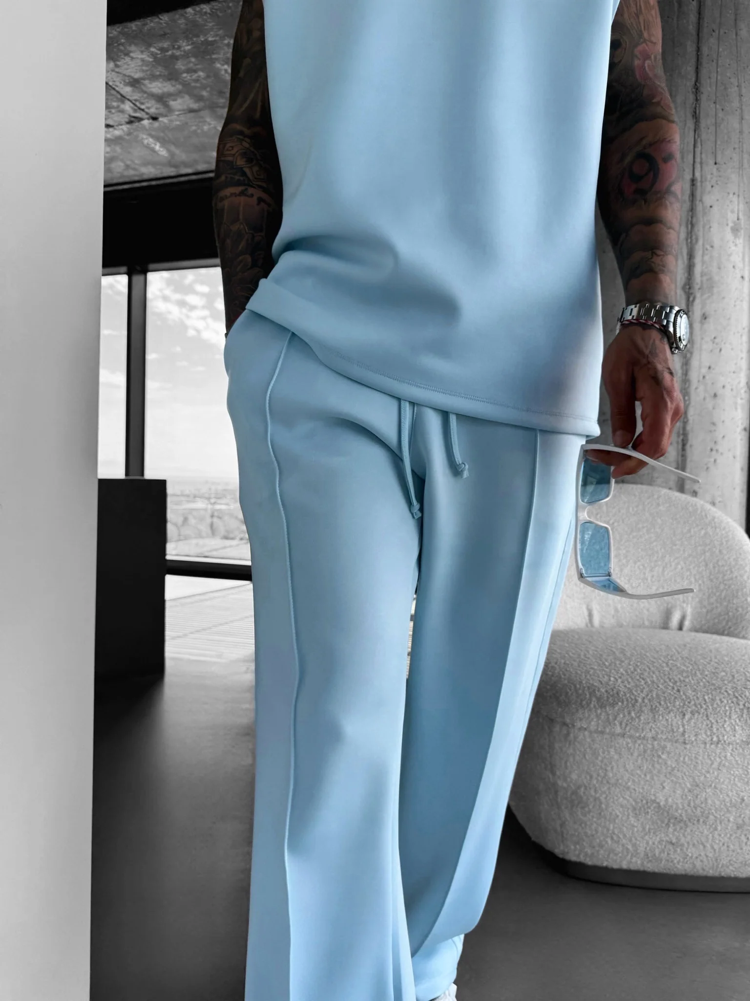 Loose Fit Diver Fabric Trousers - Baby Blue - Image 5
