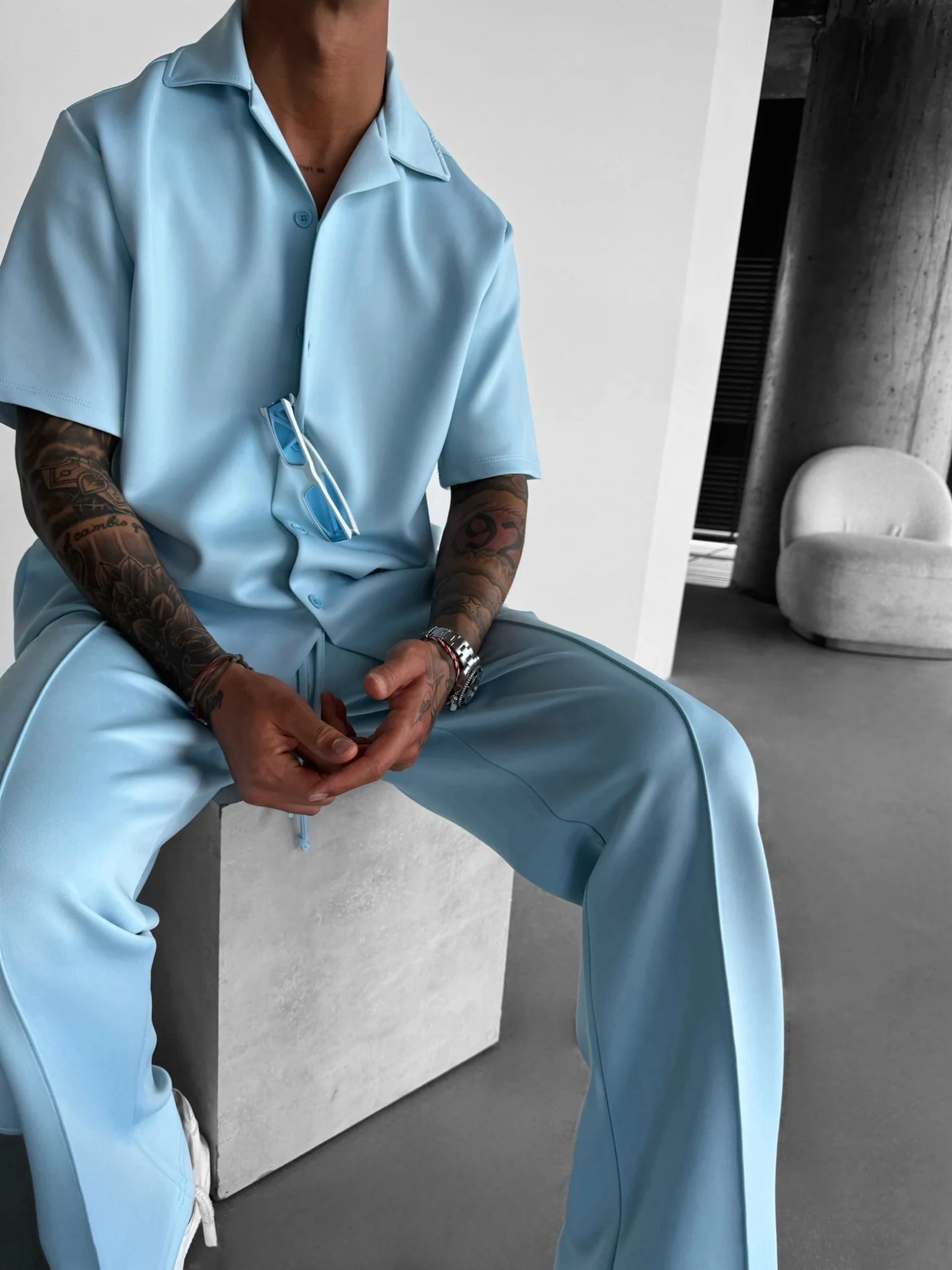 Loose Fit Diver Fabric Trousers - Baby Blue - Image 7