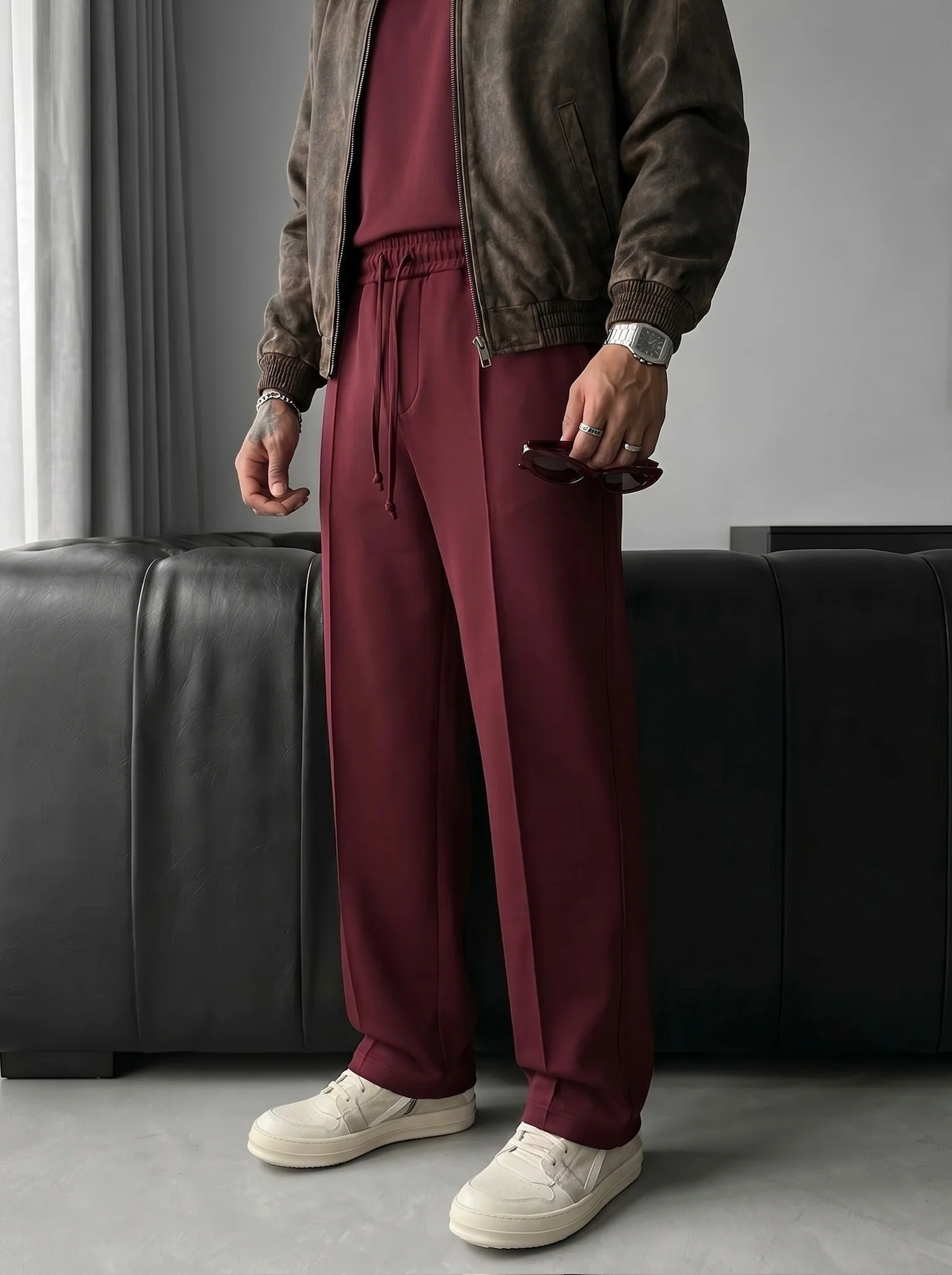 Loose Fit Diver Fabric Trousers - Bordeaux - Image 3