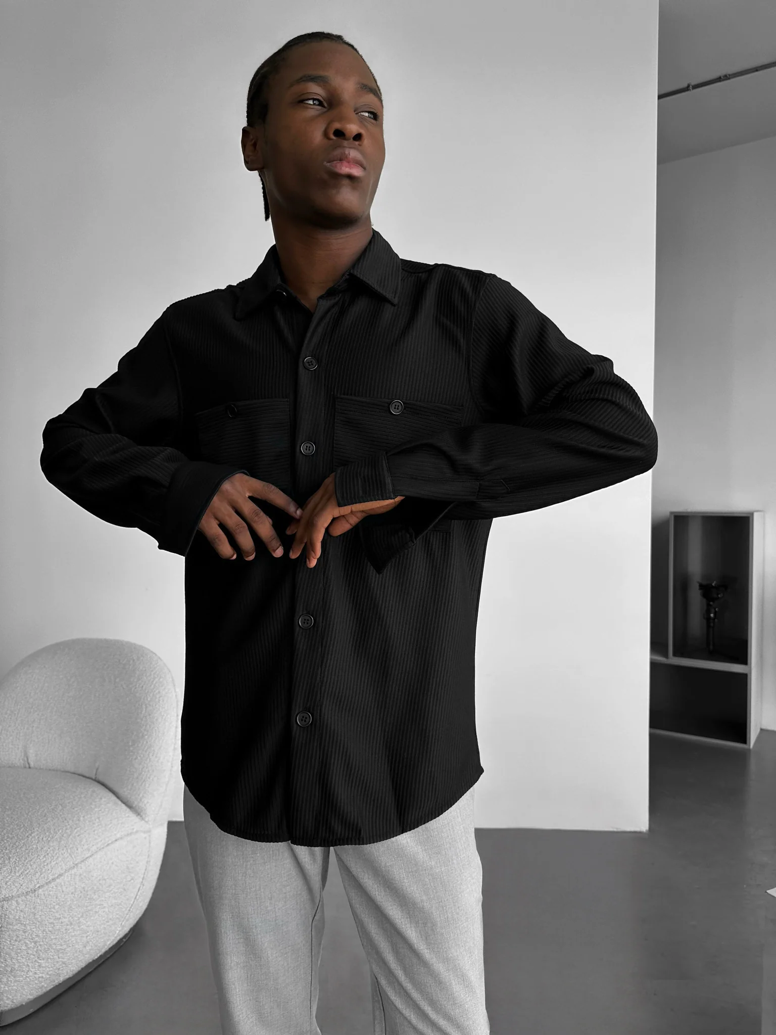 Loose Fit Double Pocket Shirt - Black - Image 2