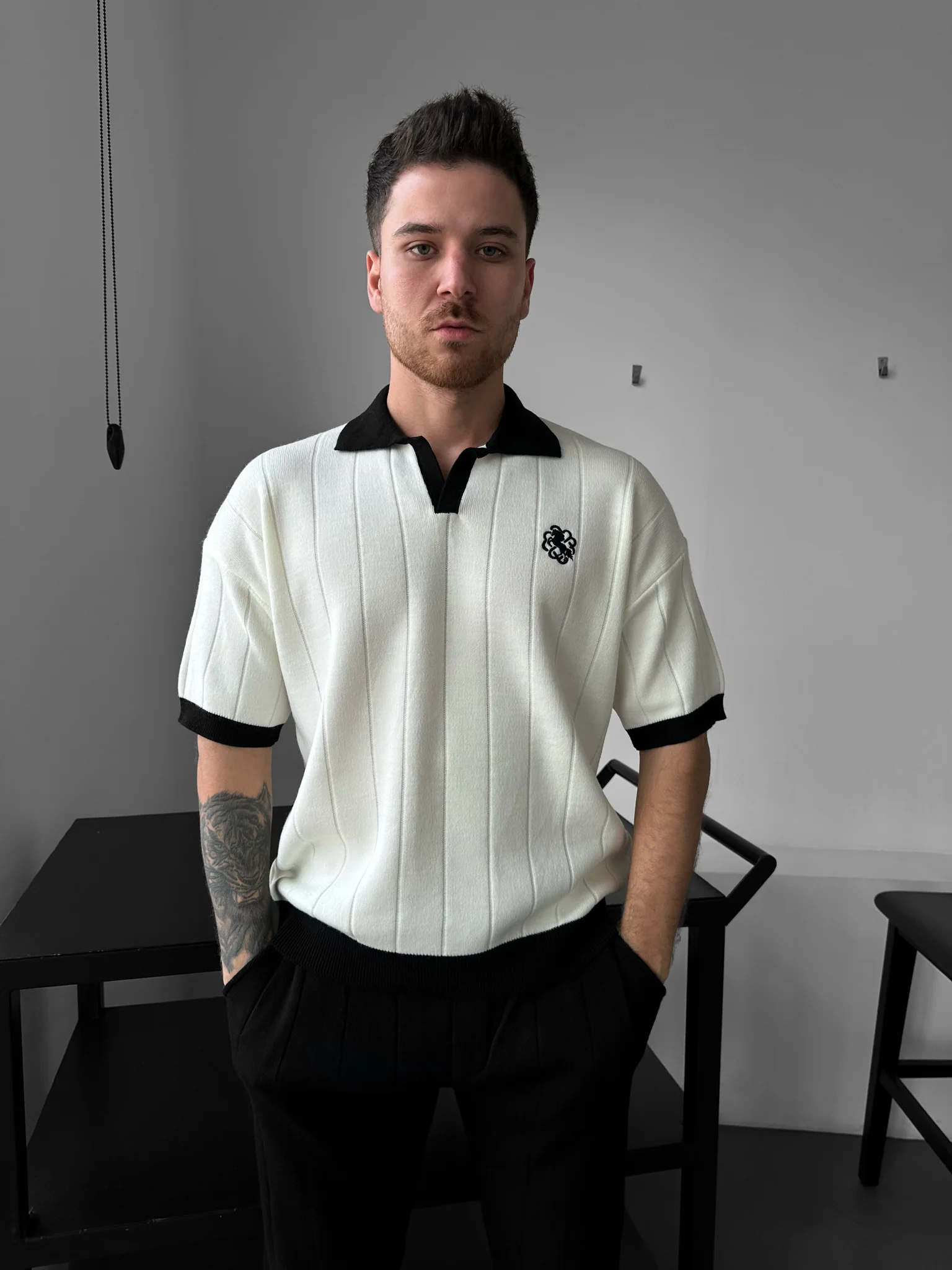 Loose Fit Embroidered Polo T-shirt - Ecru