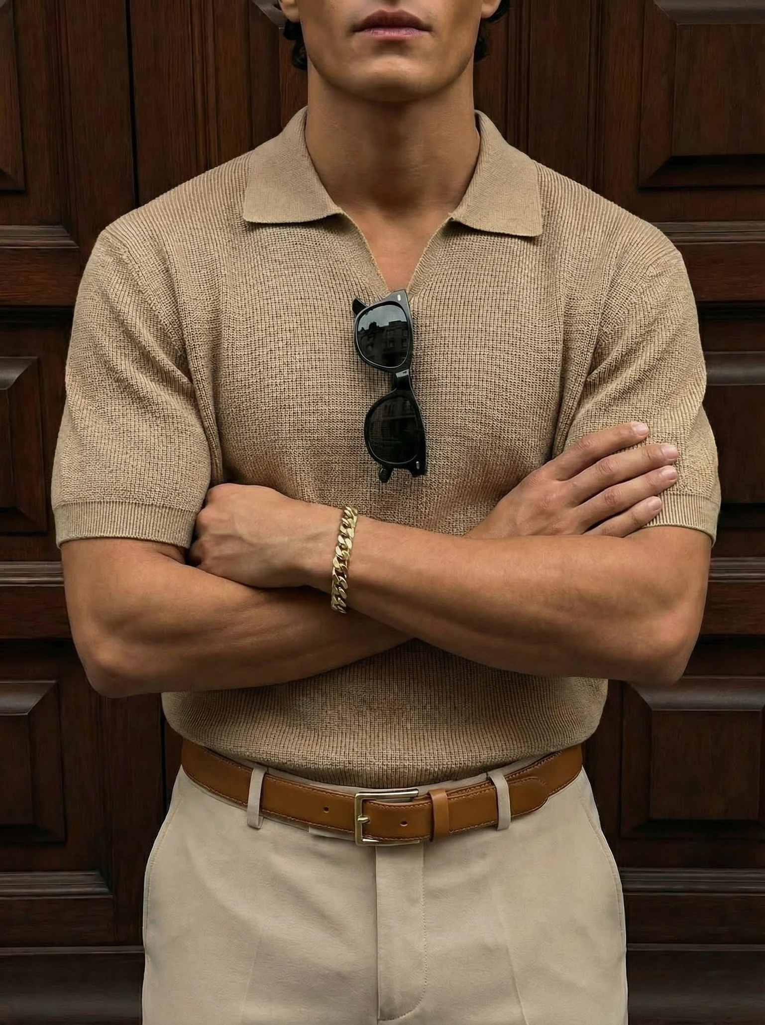 Loose fit fine knit collar T-Shirt - Brown