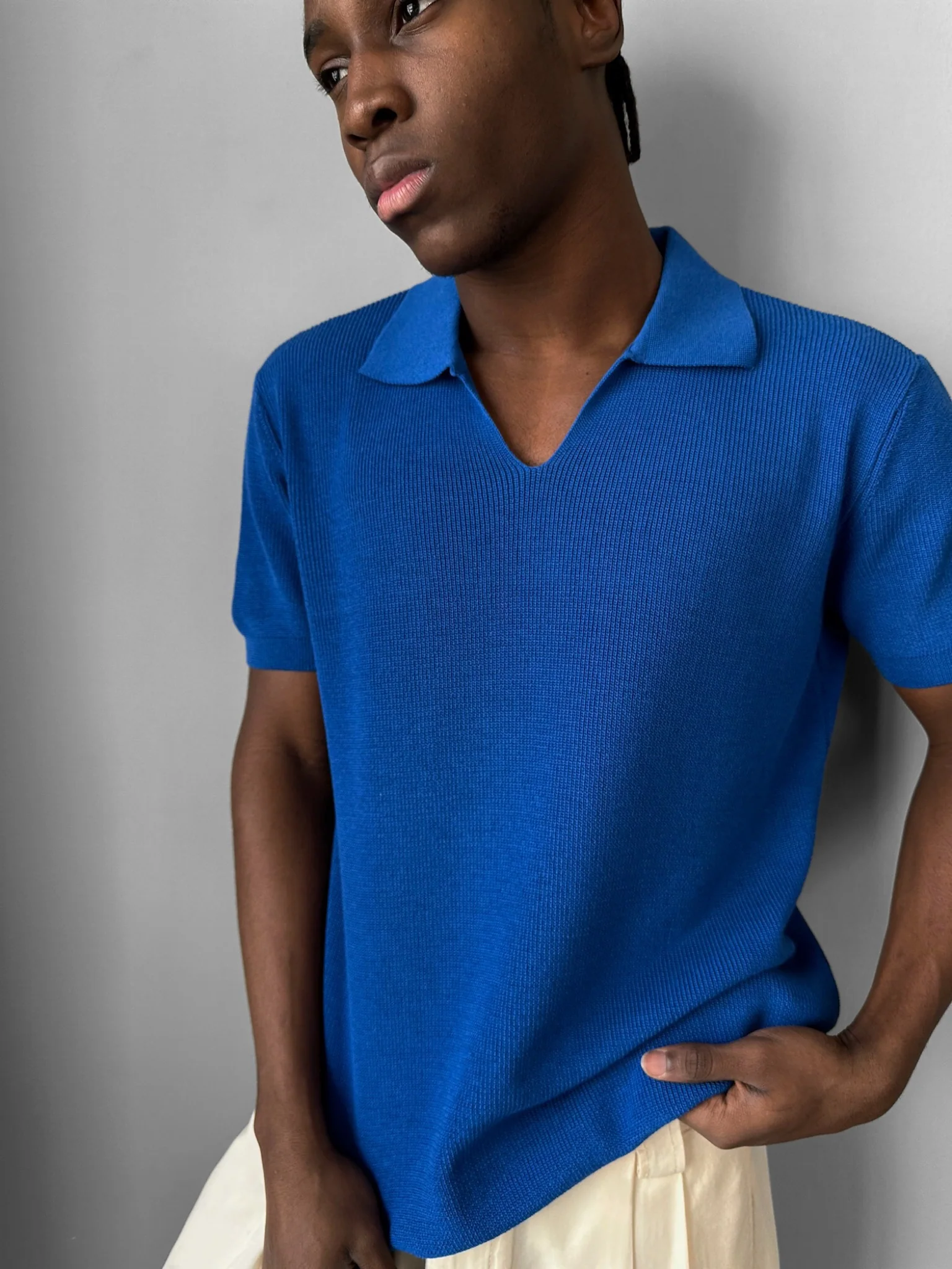 Loose fit fine knit collar T-Shirt - Sax - Image 2