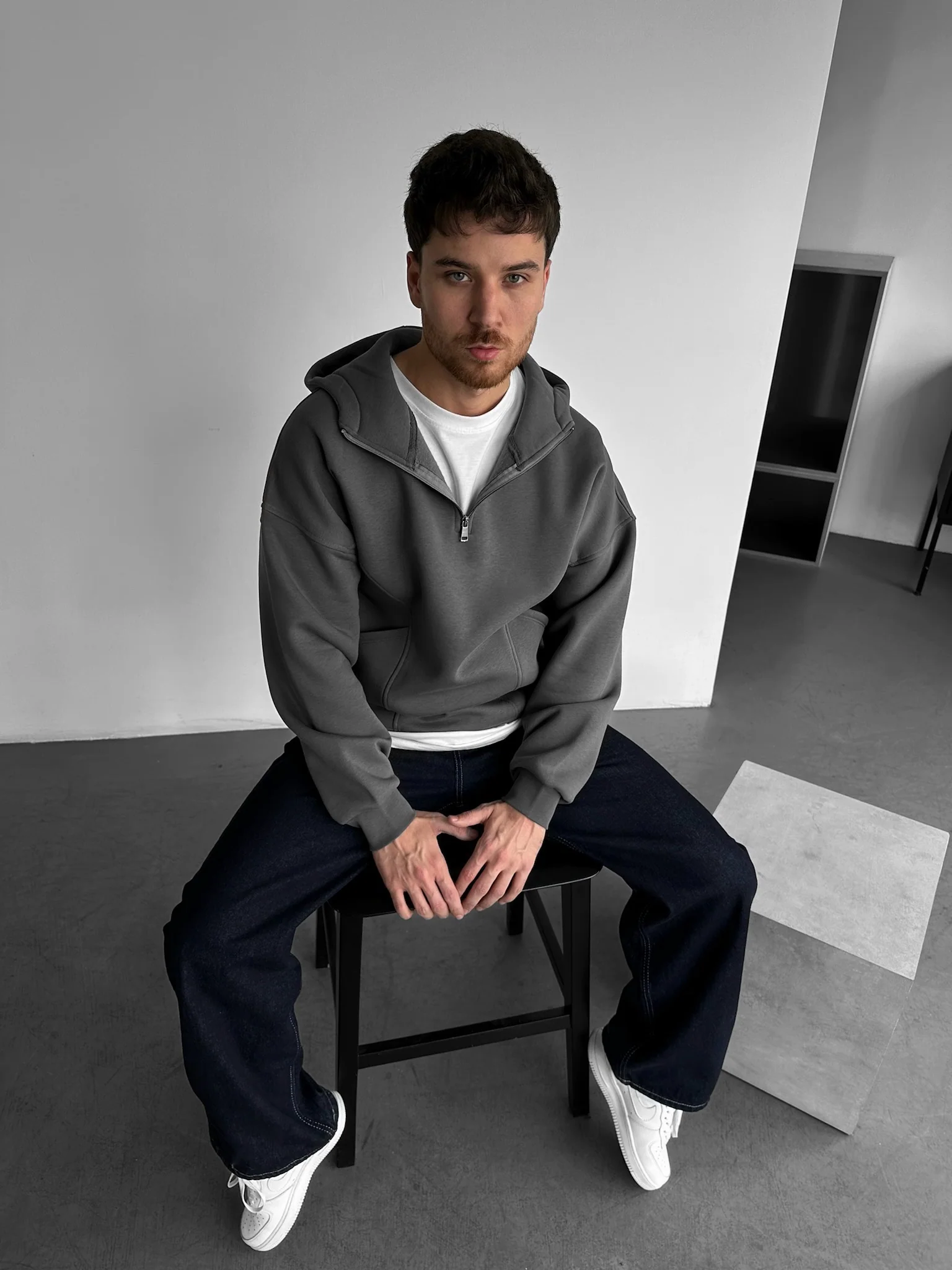 Loose Fit Half-Zip Basic Hoodie - Anthracite - Image 2