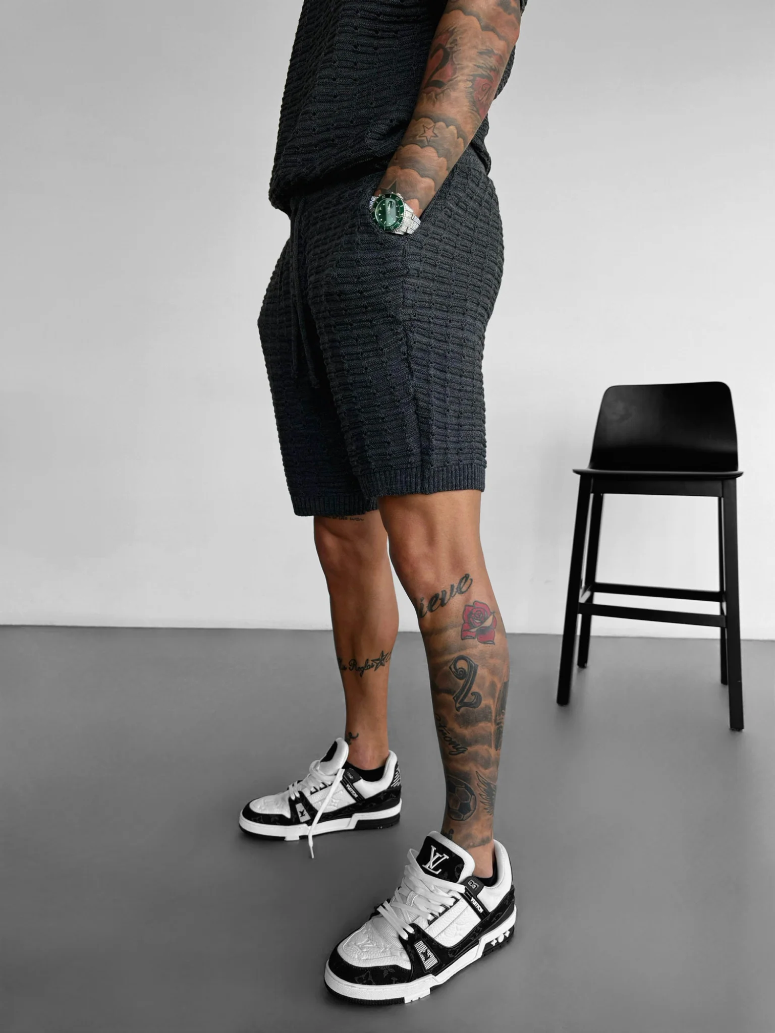 Loose Fit Holey Knit Shorts - Anthracite - Image 3