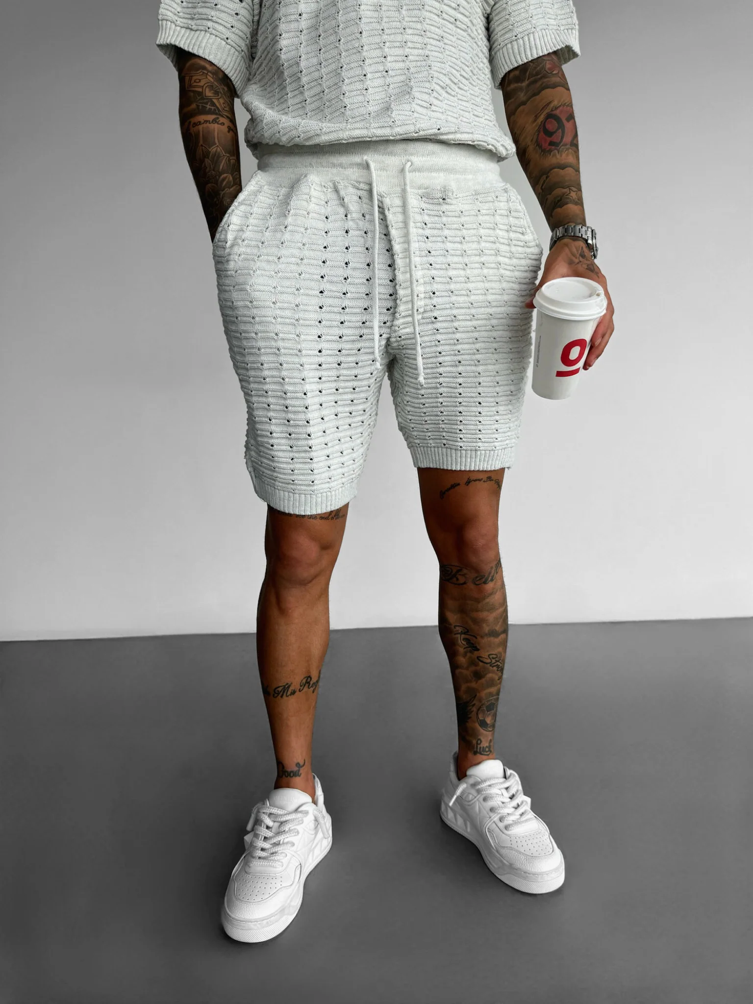 Loose Fit Holey Knit Shorts - White