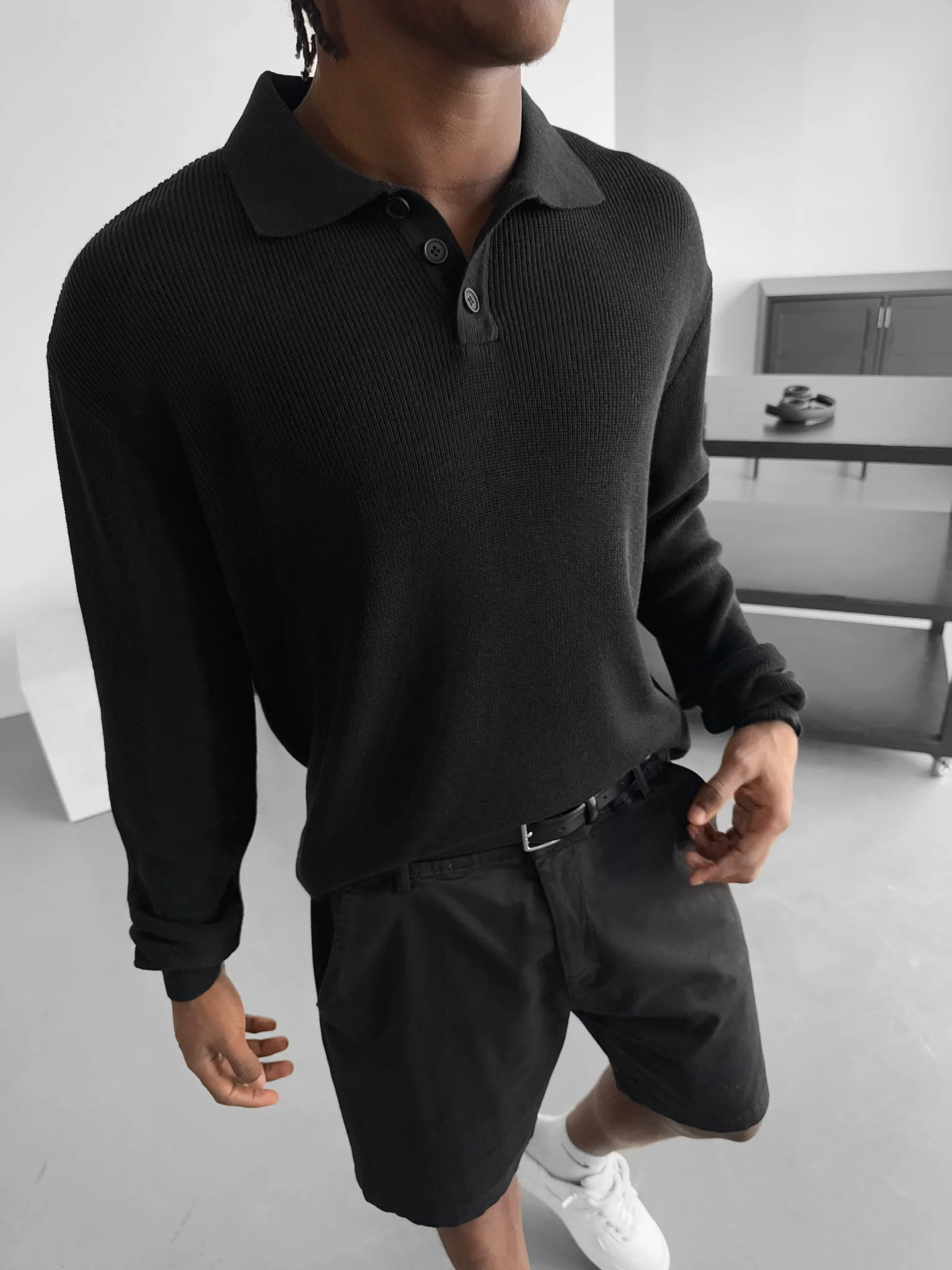 Loose Fit Knit Polo Sweater - Black - Image 3
