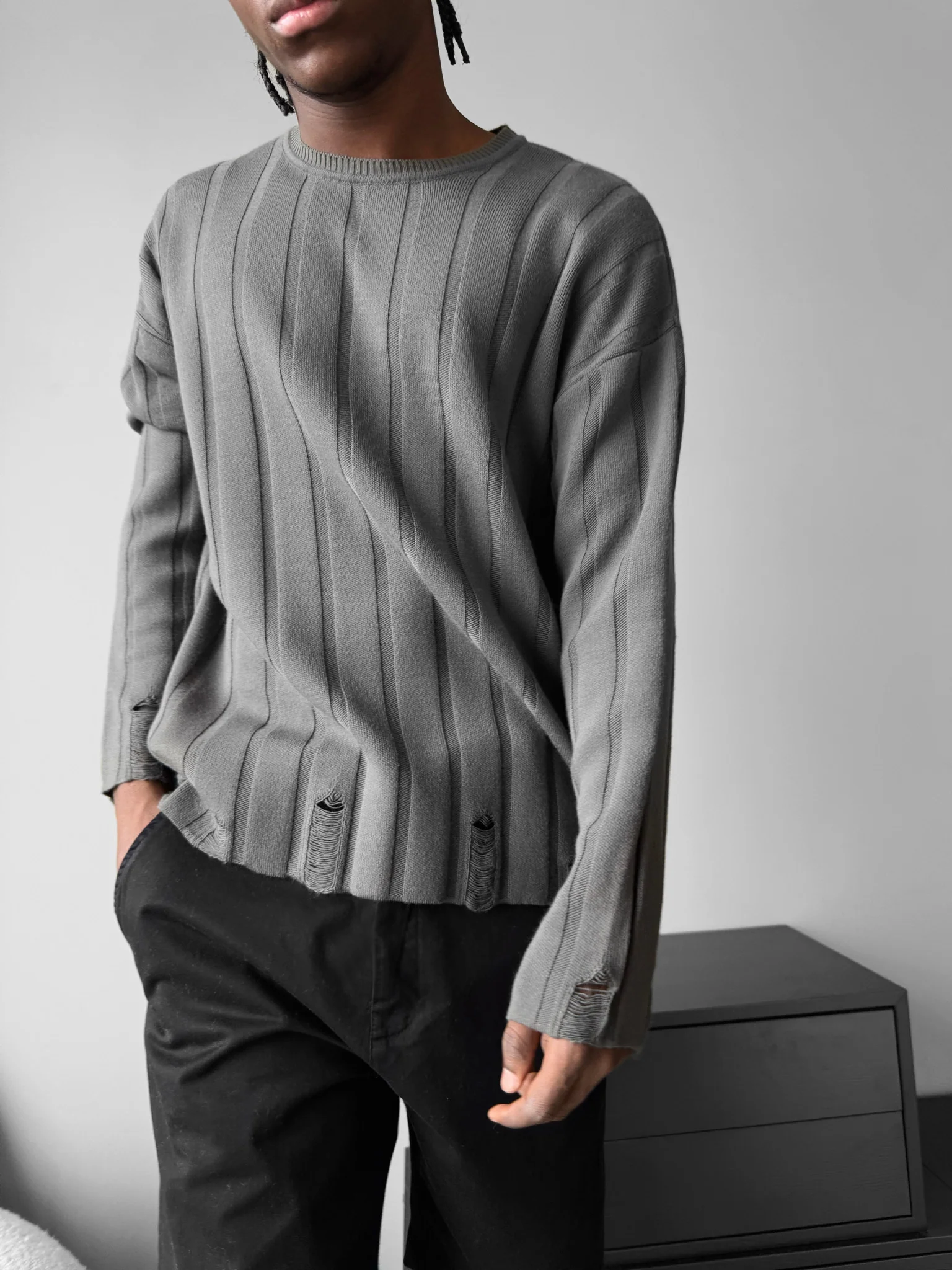 Loose Fit Knit Striped Torn Sweater - Anthracite - Image 2