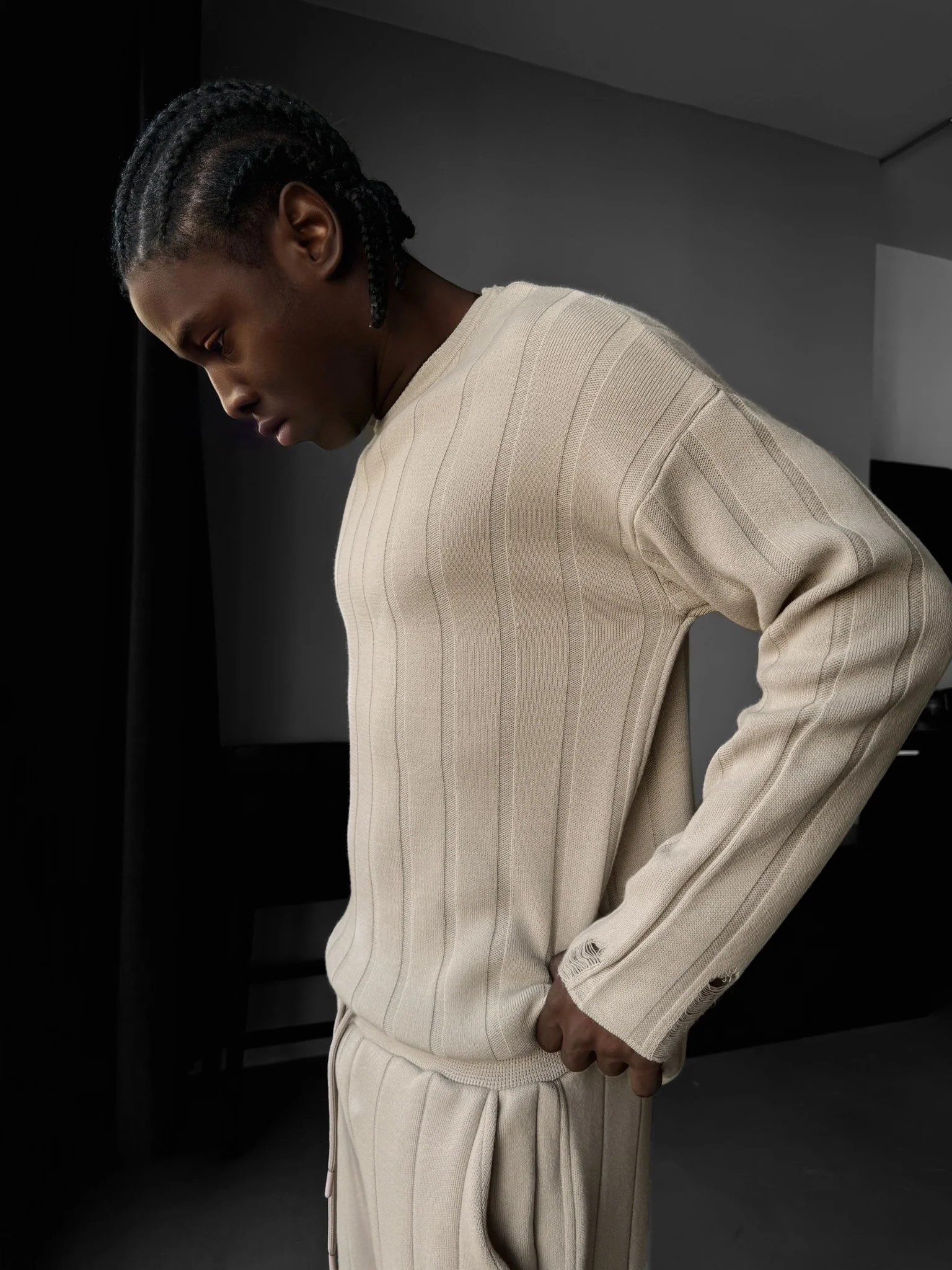 Loose Fit Knit Striped Torn Sweater - Stone - Image 2